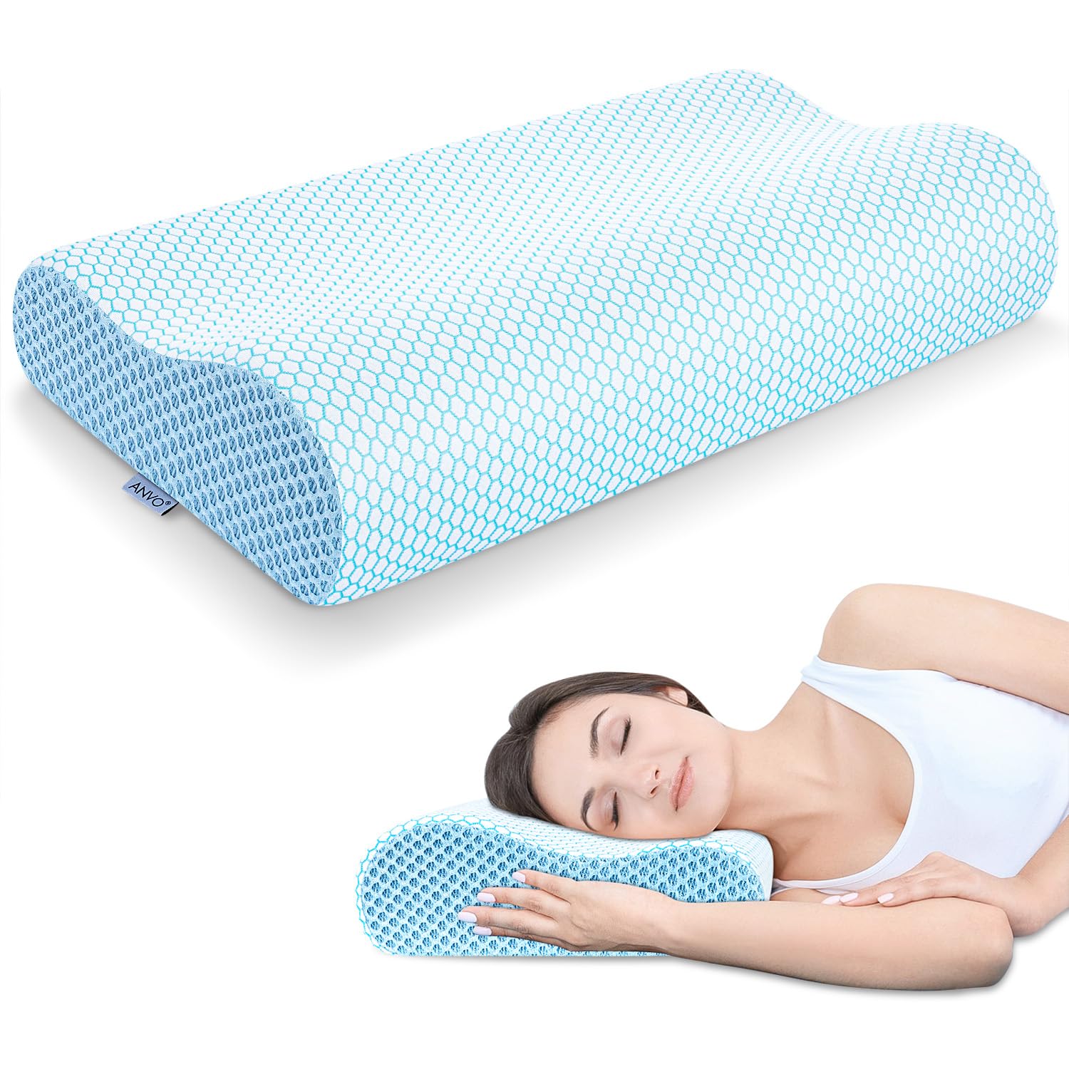 Anvo Memory Foam Pillow, Neck Contour Cervical Orthopedic Bed Pillow for Sleeping Side Back Stomach Sleeper, Ergonomic Design for Neck and Shoulder Pain Relief, Blue White, Firm - Medaid International