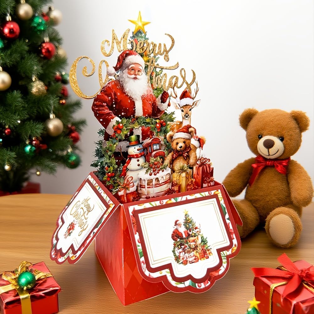 2pcs Vintage 4-Layer Christmas Greeting Card with Santa Claus, Reindeer & Tree Design - Paper Holiday Card with Envelope, Festive Holiday Party Invitation for Friends & Family - Medaid International