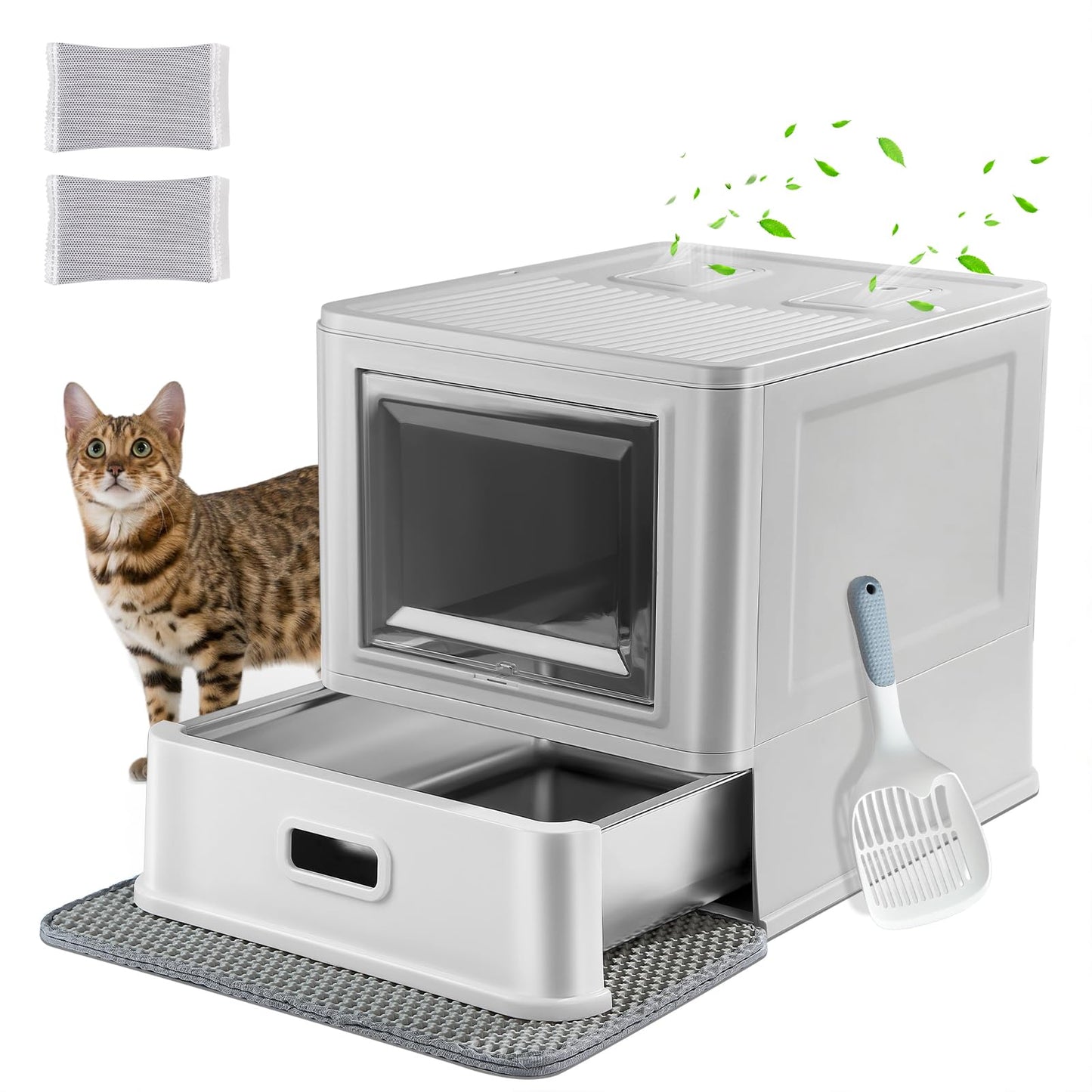 Marchul Enclosed Stainless Steel Cat Litter Box with Lid & Drawer Design for Indoor All Lifestyles Cats, Metal Covered Cat Litter Box, Baffles for Anti-Leakag, with Litter Scoop & Litter Mat