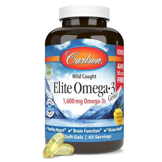 Carlson - Elite Omega-3 Gems, 1600 mg Omega-3 Fatty Acids Including EPA and DHA, Norwegian, Wild-Caught Fish Oil Supplement, Sustainably Sourced Omega 3 Fish Oil Capsules, Lemon, 130 Softgels - Medaid International
