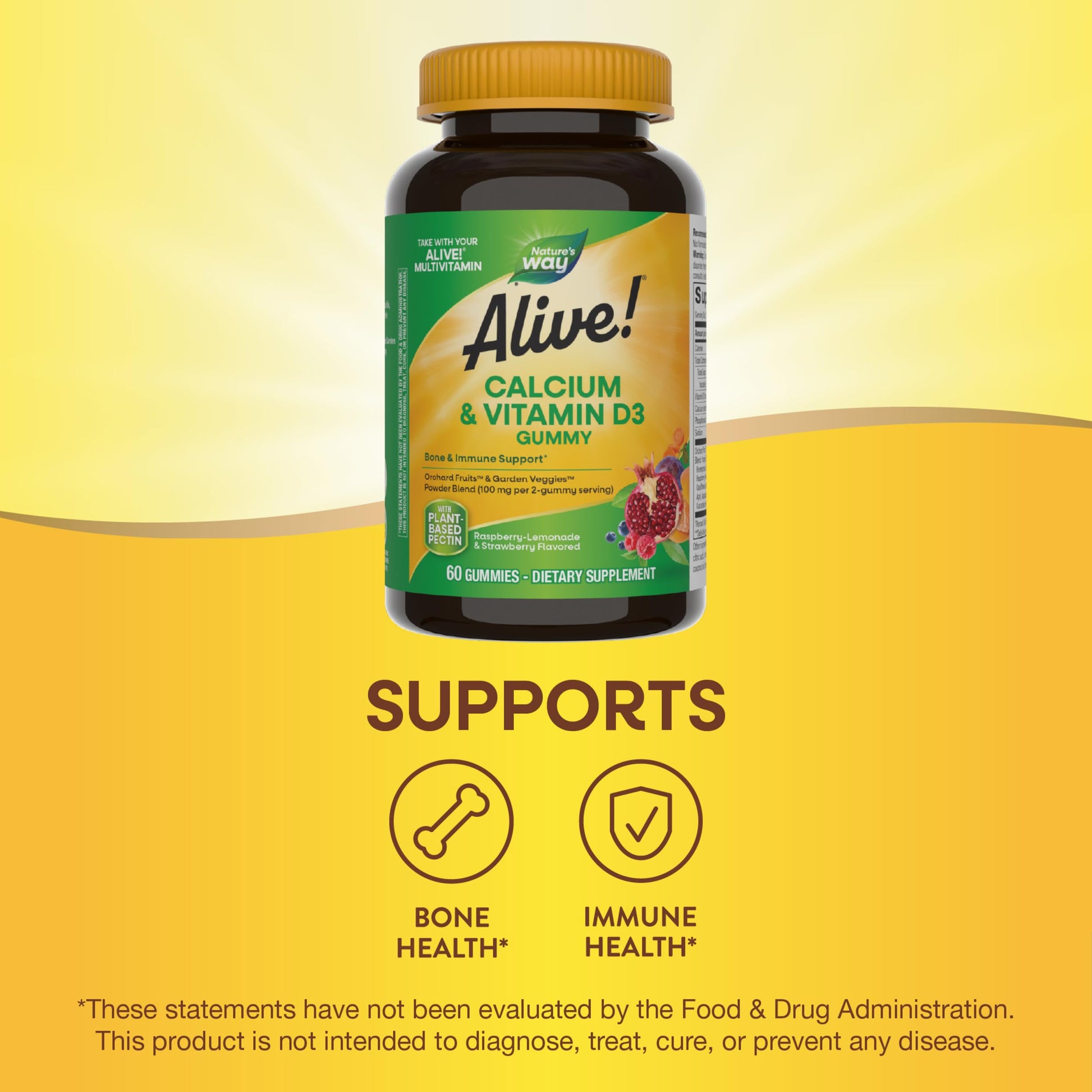 Nature's Way Alive! Daily Calcium & Vitamin D3 Gummies, Bone Support*, Immune Support*, Strawberry and Raspberry- Lemonade Flavored, 60 Gummies - Medaid International