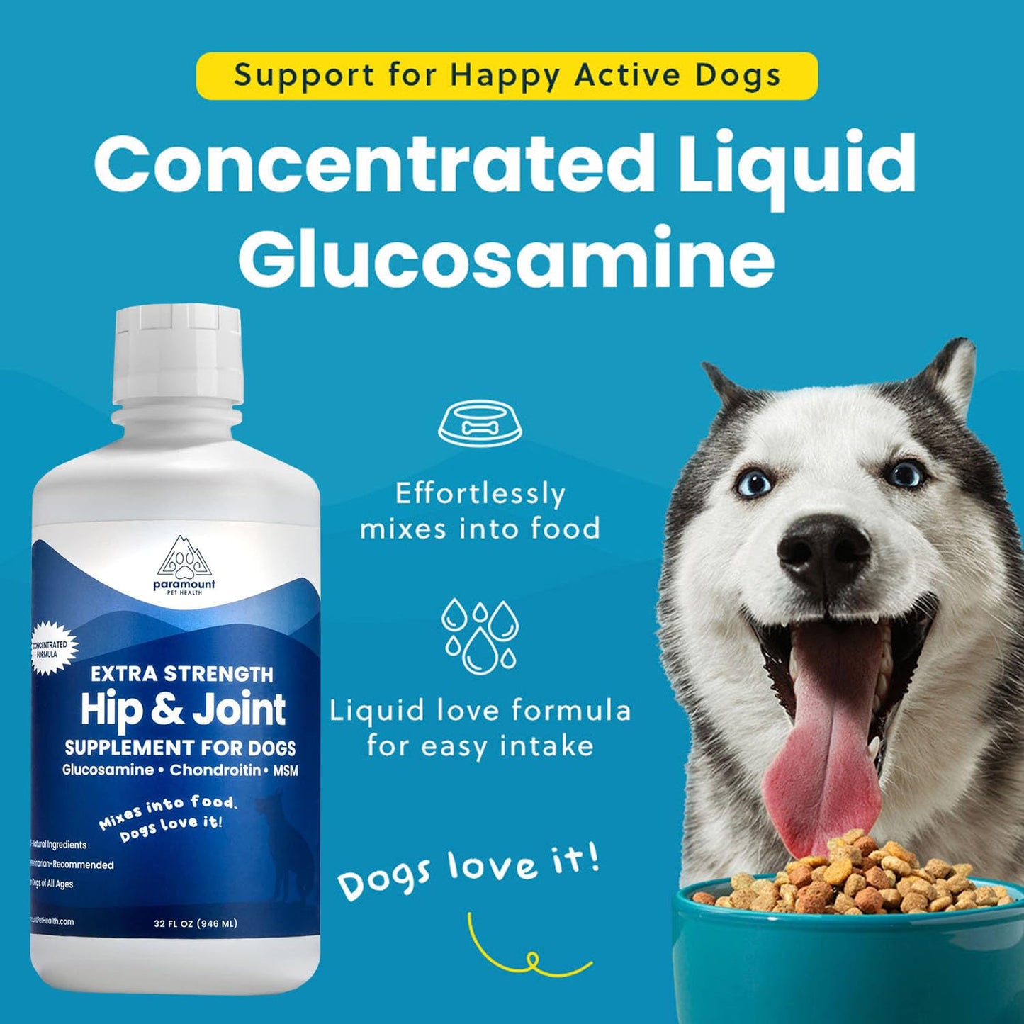 Paramount Pet Health Liquid Glucosamine for Dogs, Hip & Joint Supplement with Chondroitin & MSM, 32 oz Mobility Support for Large Dogs, Human-Grade Joint Care Made in GMP & FDA Registered Facility