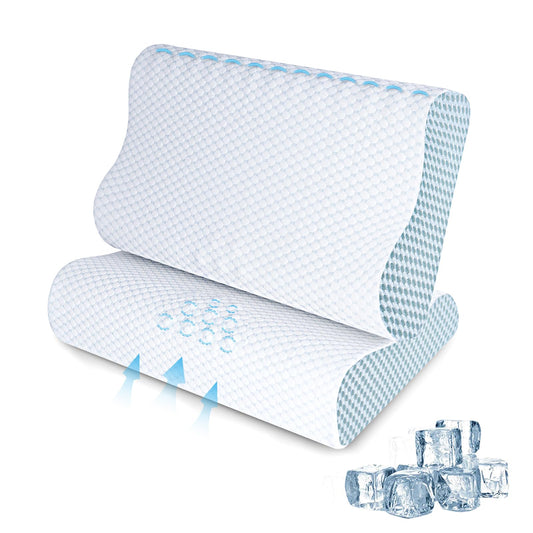 2 Pack Memory Foam Cooling Bed Pillows for Sleeping, Ergonomic Cervical Pillow for Neck and Shoulder Pain Relief, Adjustable Cold Pillow Set of 2,with Pillowcase（Blue） - Medaid International