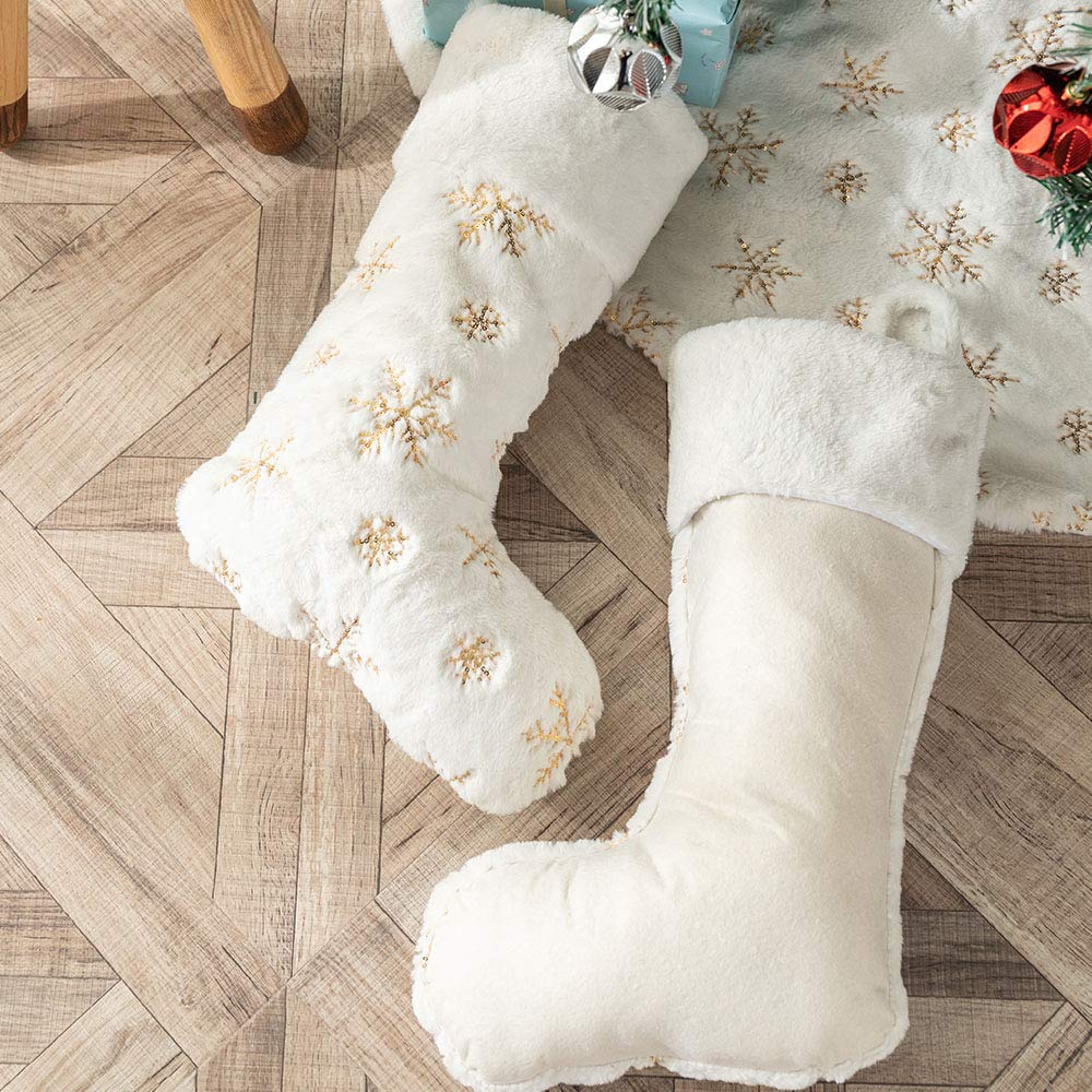AtiMing 2pcs Plush Christmas Stockings White Faux Fur Large 56cm Deluxe Hanging Xmas Stockings with Gold Sequins Snowflake for Christmas Fireplace Decorations Socks (White-G, 22inches) - Medaid International