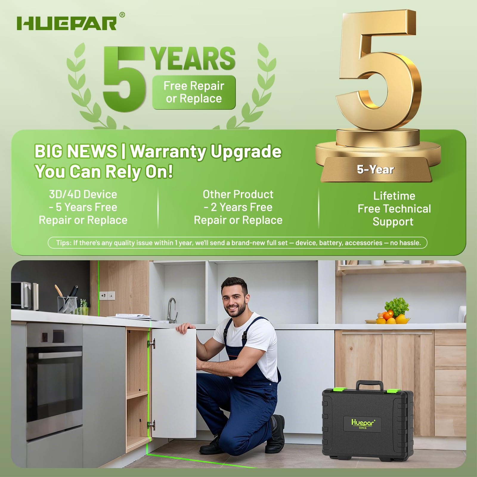 Huepar Laser Level, Self-leveling 16 Lines Green Beam 4D Cross Line Tiling Floor Laser Tool-2 x 360 Horizontal & 2 x 360 Vertical Laser Lines with Two Li-ion Batteries and Hard Carry Case-LS04CG - Medaid International