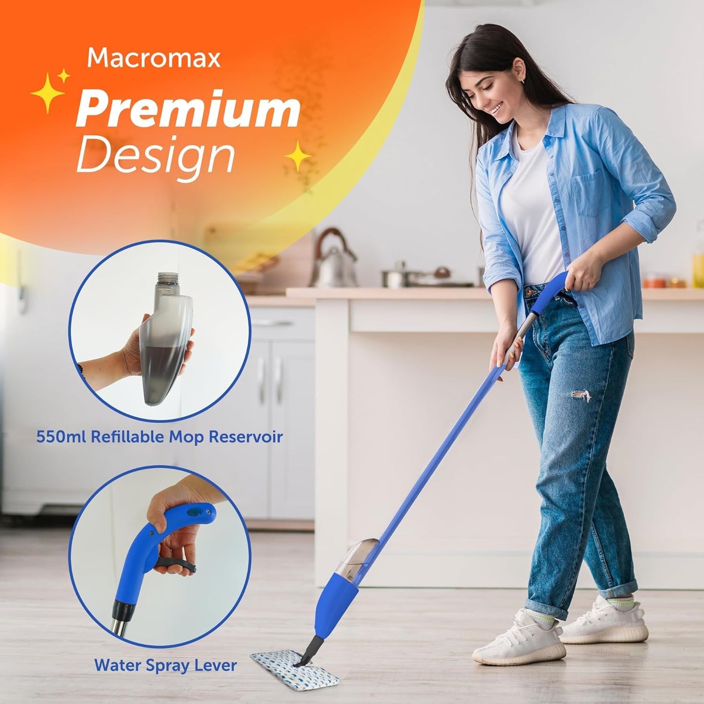 Macromax Falcon Double Spray Mop – 2‑Sided Microfiber Floor Mop with 700ml Refillable Bottle – 360° Rotating Head – Water-Saving Bucket-Free Cleaning – for Hardwood, Tile & Laminate - Medaid International