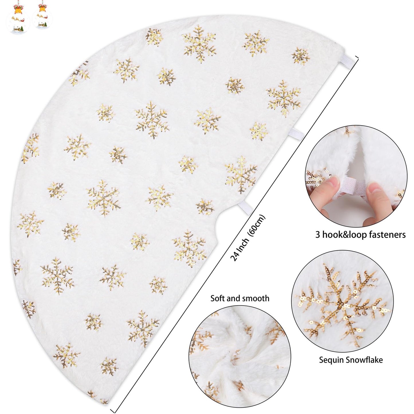White Christmas Tree Skirt Small 24inch Faux Fur Tree Skirt Sequin Tree Carpet Mini Gold Glitter Tree Skirting Double Layers for Party Xmas Holiday Party Decorations Round Tree Skirt - Medaid International