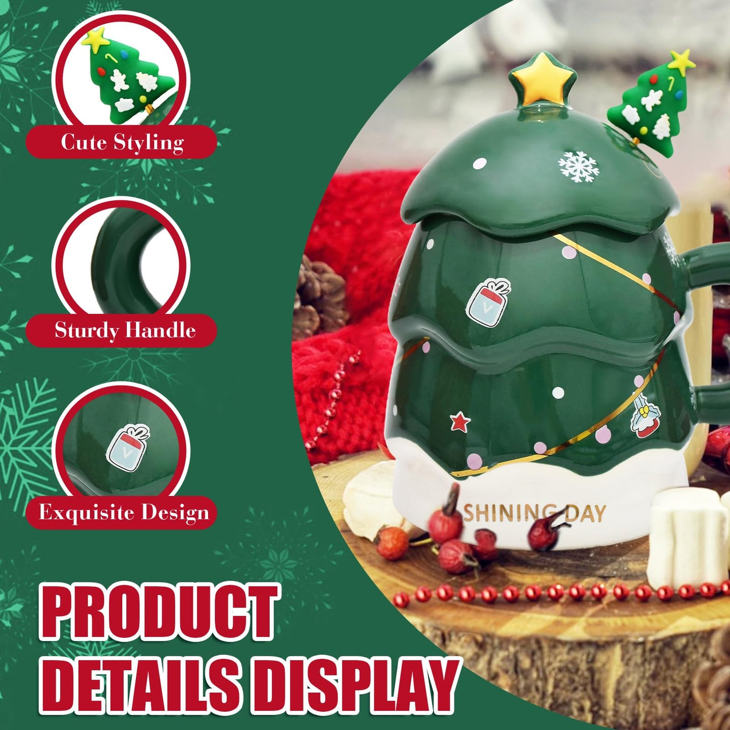 Peclek 14 oz Christmas Tree Mug with Lid and Spoon Decorations, Cute Festive Ceramic Coffee Cup, Winter Xmas Holiday Birthday Tabletop Drinkware Teacup Gifts for Adults Kids Men Women (Green) - Medaid International