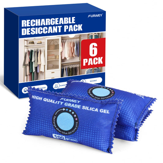 FURWEY 100g [ 6 Packs] Rechargeable Desiccant Packs for Storage, Color Indicating Silica Gel Desiccant Packets, Moisture absorbers for storage, Dehumidifier bag for Closets - Medaid International