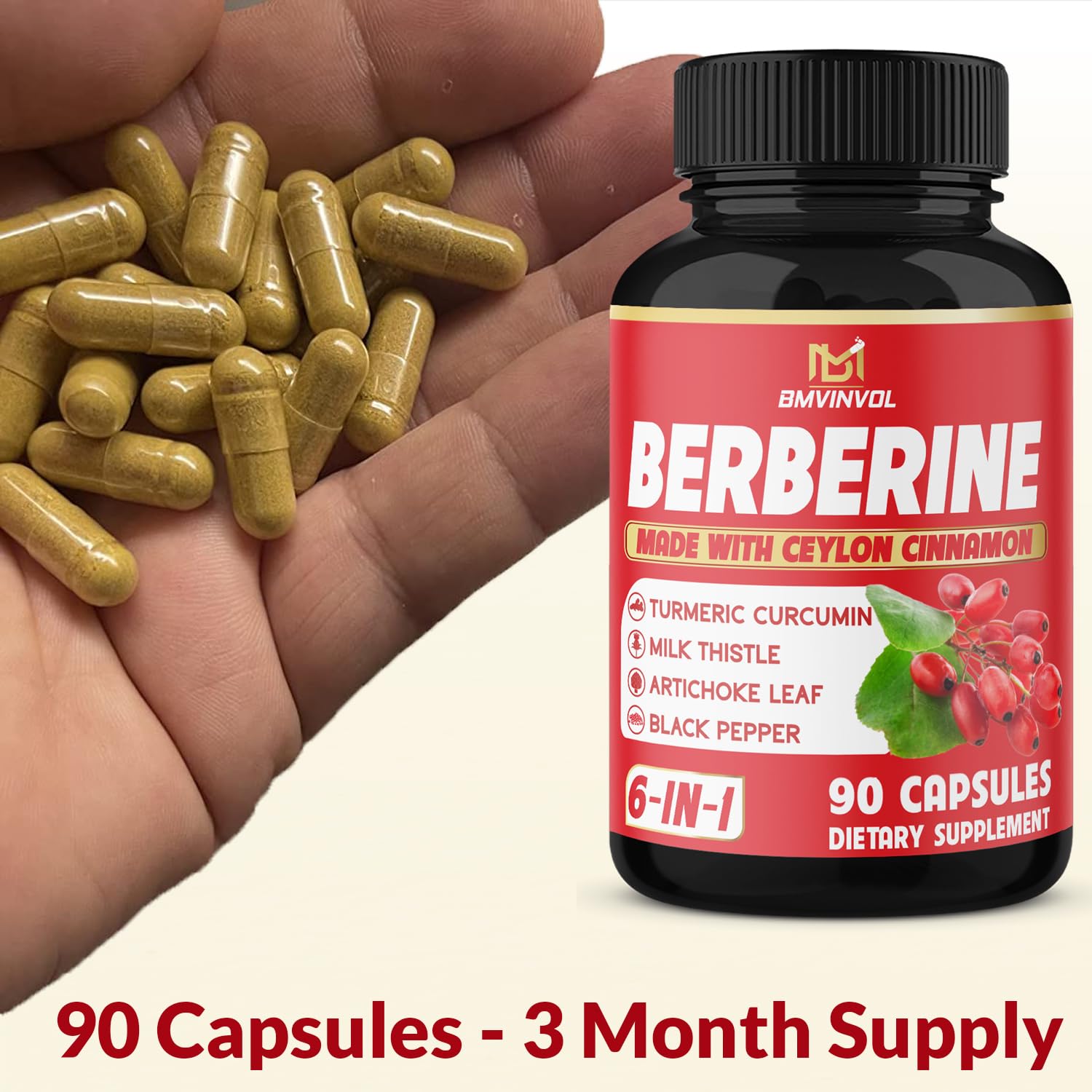 Berberine, Ceylon Cinnamon, Turmeric, Milk Thistle, Artichoke, Black Pepper - 90 Capsules for Digestion, Immunity [3-Month Supply] - Medaid International