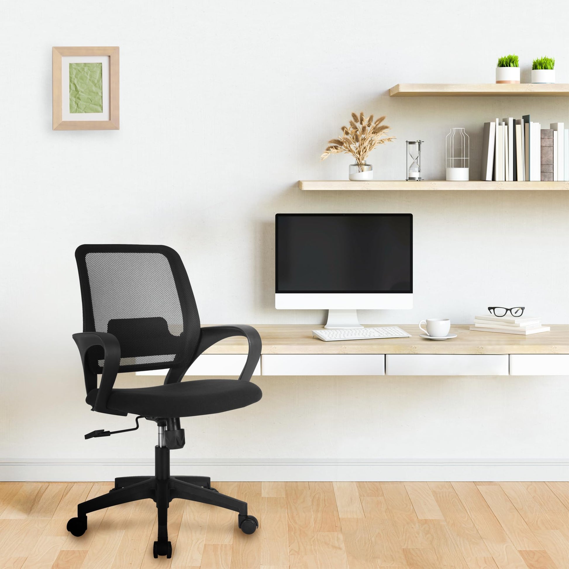 NEO Chair Office Desk Mesh Chair Ergonomic Computer Mid-Back Chair with Comfy Lumbar Support Wheels Swivel Adjustable Height Rolling for Home Vanity Bedroom Study (All Black) - Medaid International