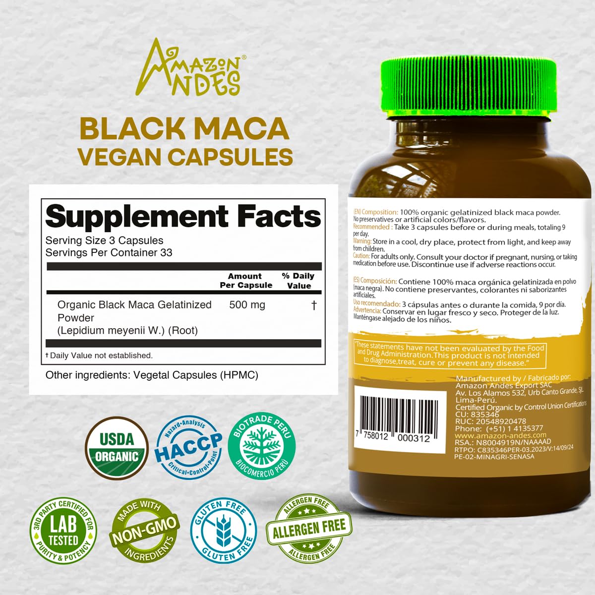 Black Maca Root Capsules l Organic Vegan Pills l 1500mg per Serving l Reproductive Health for Men l Natural Energy Booster l Adaptogen Function l Non GMO and Gluten Free l Amazon Andes - Medaid International