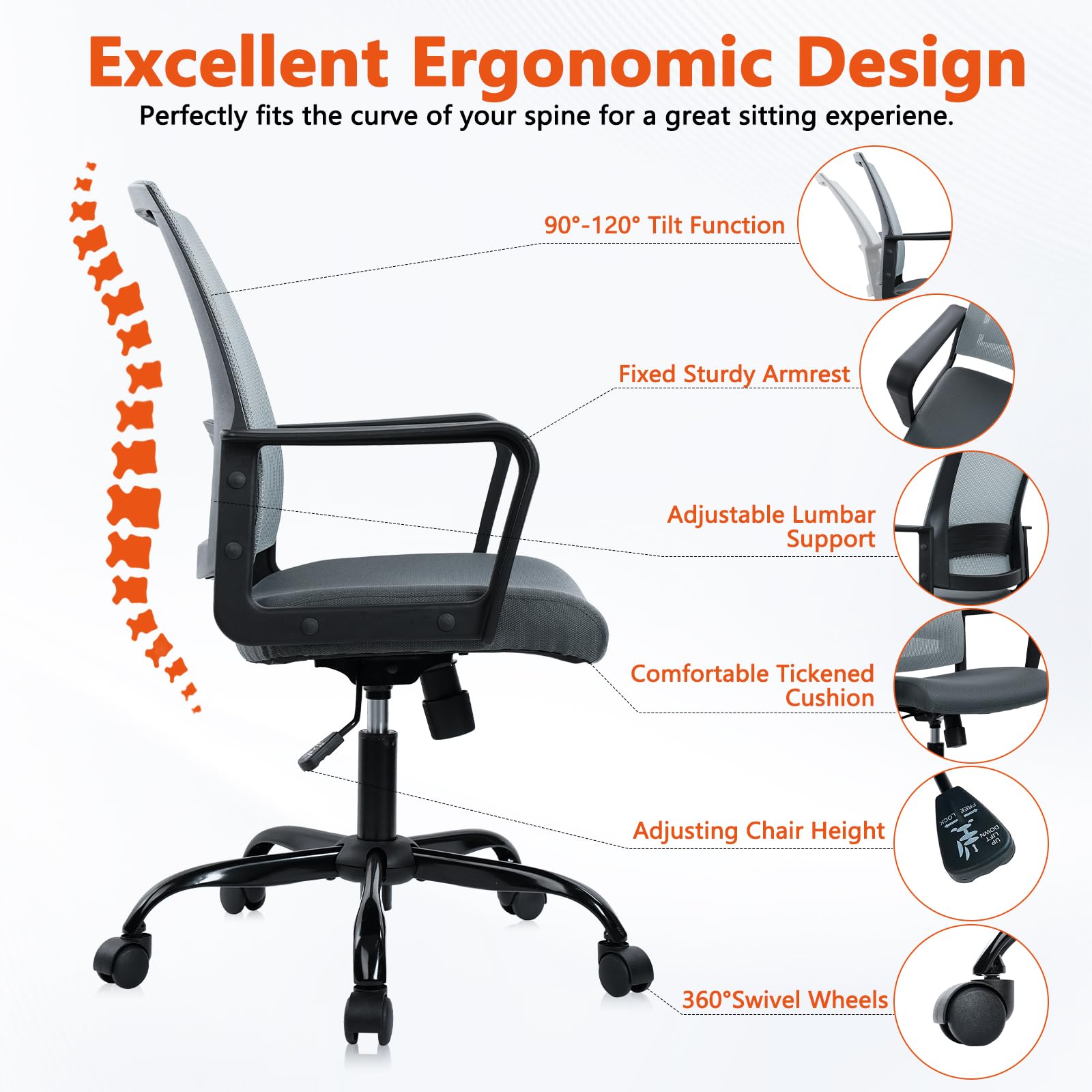 CLATINA Ergonomic Office Desk Chair - Mesh Office Chair with Adjustable Lumbar Support, Rolling Comfortable Computer Task Chairs with Arms for Home Conference-Gray, 8 Pack - Medaid International