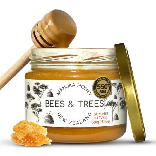 Bees & Trees Manuka Honey 550+ MGO – Pure New Zealand Raw Monofloral Honey – Unpasteurized & Natural – 380g (13.4oz) Glass Jar – Perfect for Coffee, Tea & Daily Wellness - Medaid International