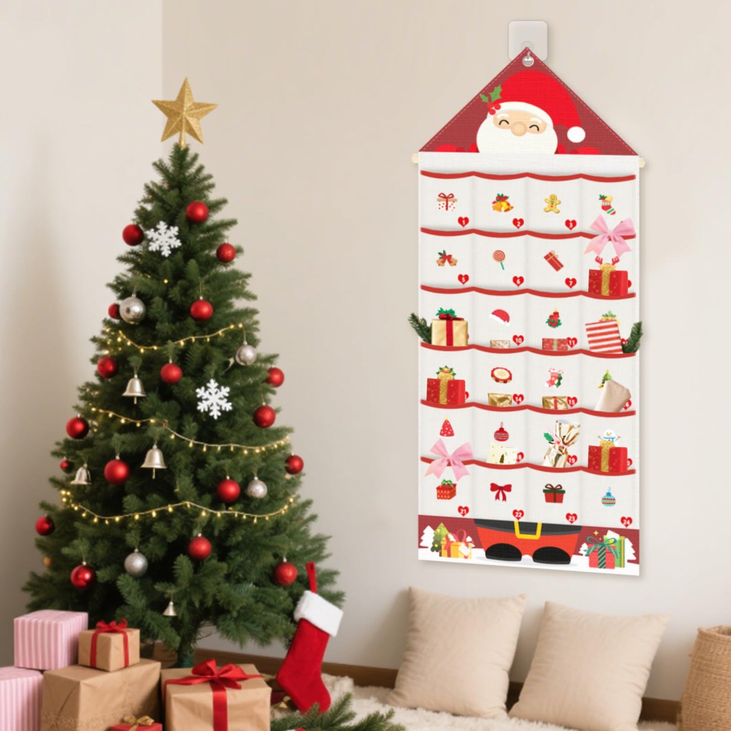 Auch Santa Advent Calendar 24 Days Hanging Wall Decoration, Fabric Christmas Countdown Calendar with Pockets for Candy Gifts, Reusable Xmas Decor for Kids Family Home - Medaid International