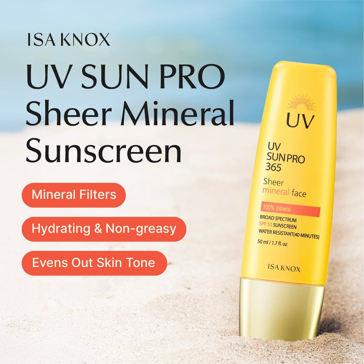 Isa Knox UV SUN PRO Sheer Mineral Sunscreen (1.7 fl oz) - Korean Skincare,SPF 50 Broad-Spectrum, Matte Finish, Water-Resistant, Anti-Aging with Smart Retino Formula, Niacinamide & Jakyang Extract. - Medaid International
