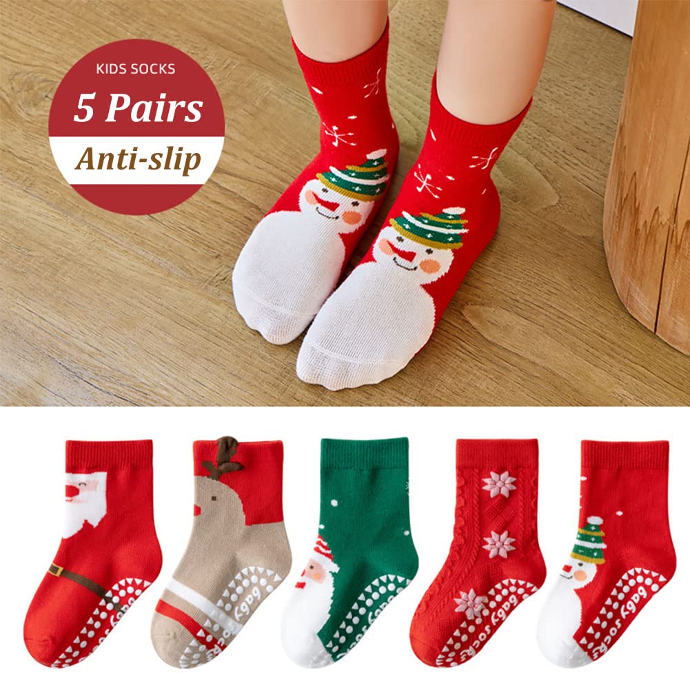 WATOCHE Kids Christmas Socks Toddler Nonslip Grip Christmas Xmas Socks for Baby Holiday Winter Warm for Boys/Girls(Nonslip Elk Set,3-5T) - Medaid International