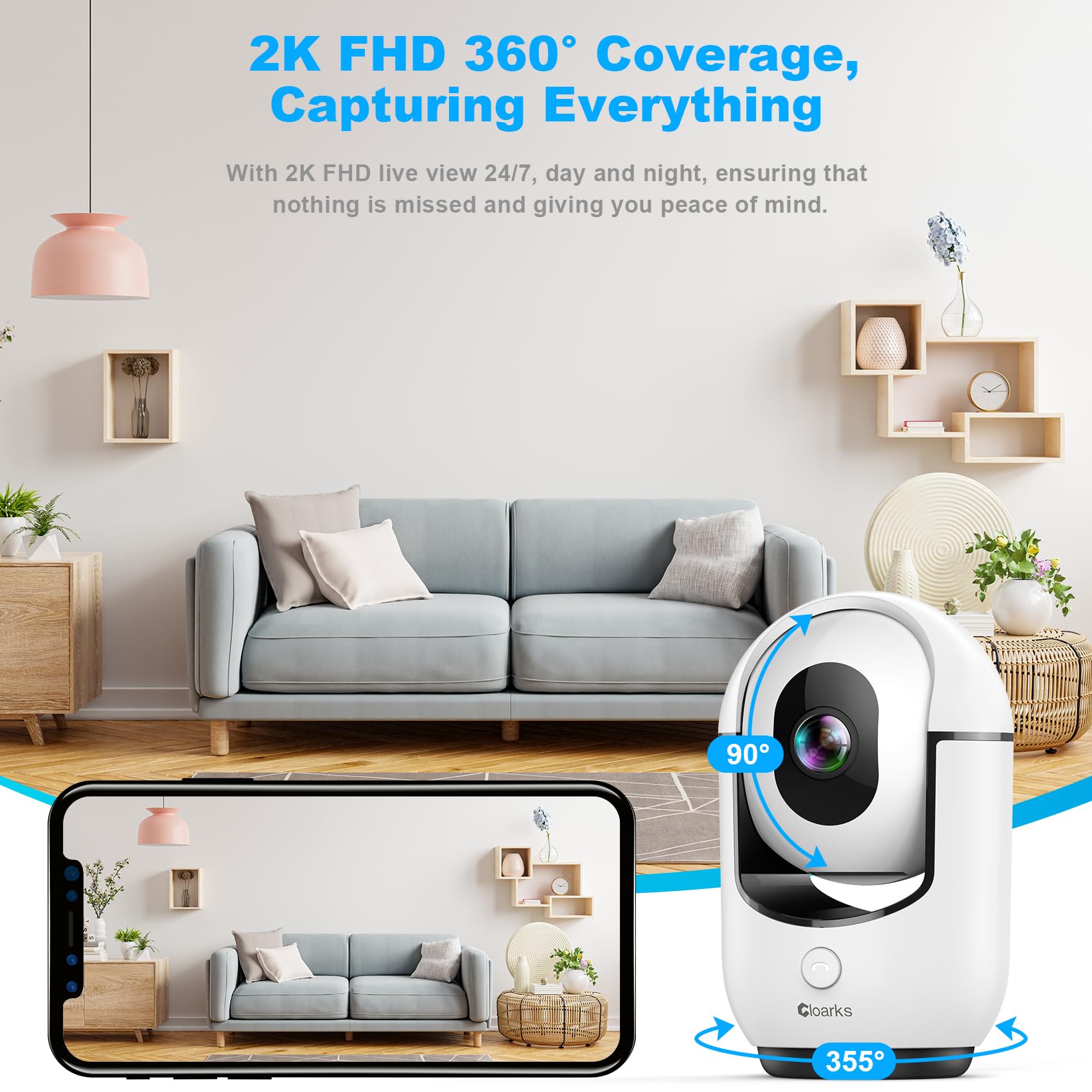 2K Pan/Tilt Security Camera, WiFi Indoor Camera for Home Security with AI Motion Detection, Baby/Pet Camera with Phone App, Color Night Vision, 2-Way Audio, 24/7, Siren, TF/Cloud Storage - Medaid International