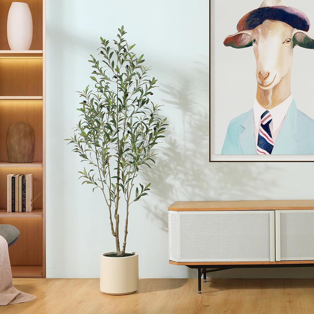 LOMANTO Artificial Olive Trees, 6 ft Tall Fake Olive Trees for Indoor, Faux Olive Silk Tree, Large Olive Plants with White Planter for Home Decor and Housewarming Gift, 1 Pack - Medaid International