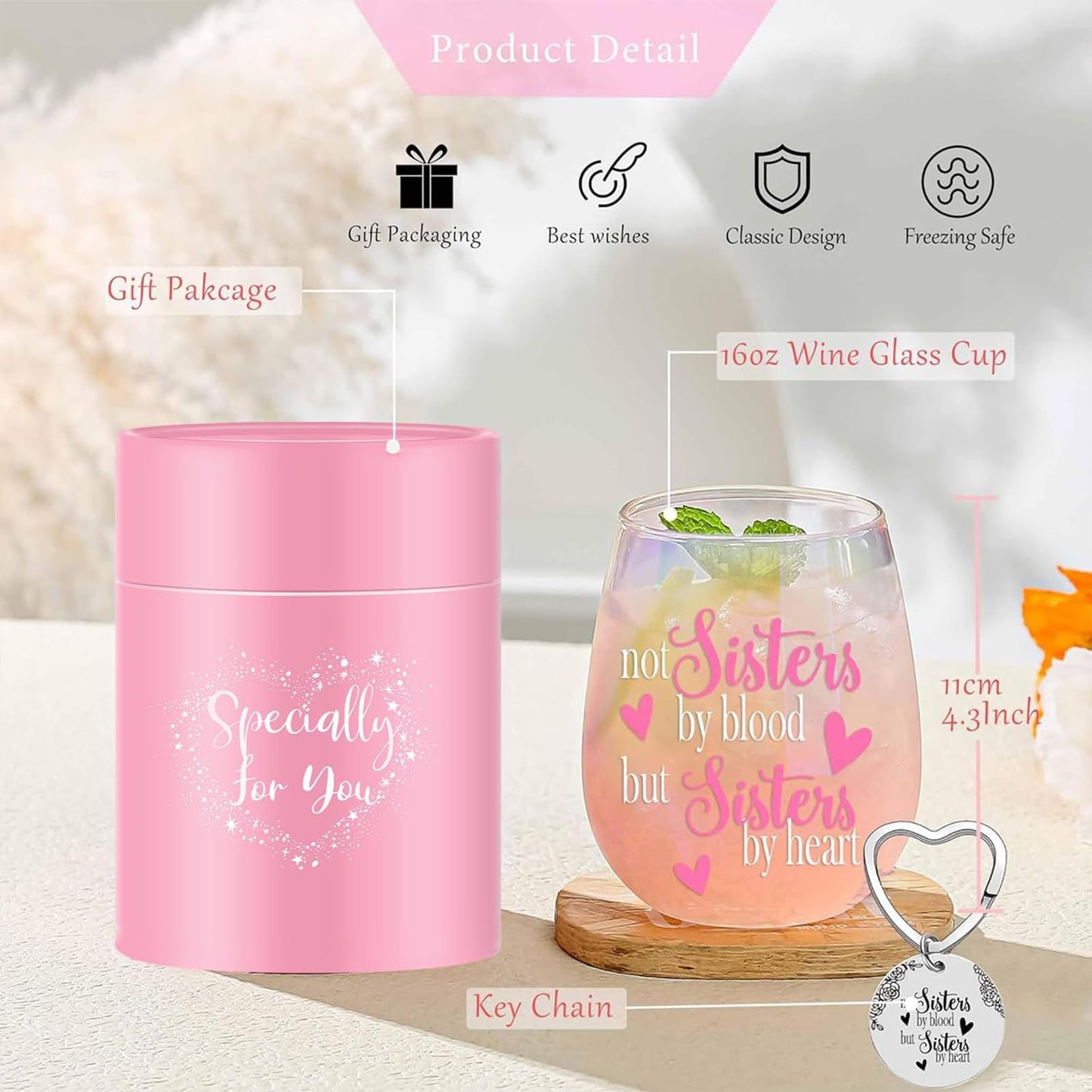 Yalucky Stemless Wine Glass 'Not Sisters by Blood but Sisters by Heart' Funny Sayings Gifts for Women Best Friend Female Bestie Wine Lover Friendship Gin Gift Birthday Decor Idea (Iridescent Sister) - Medaid International