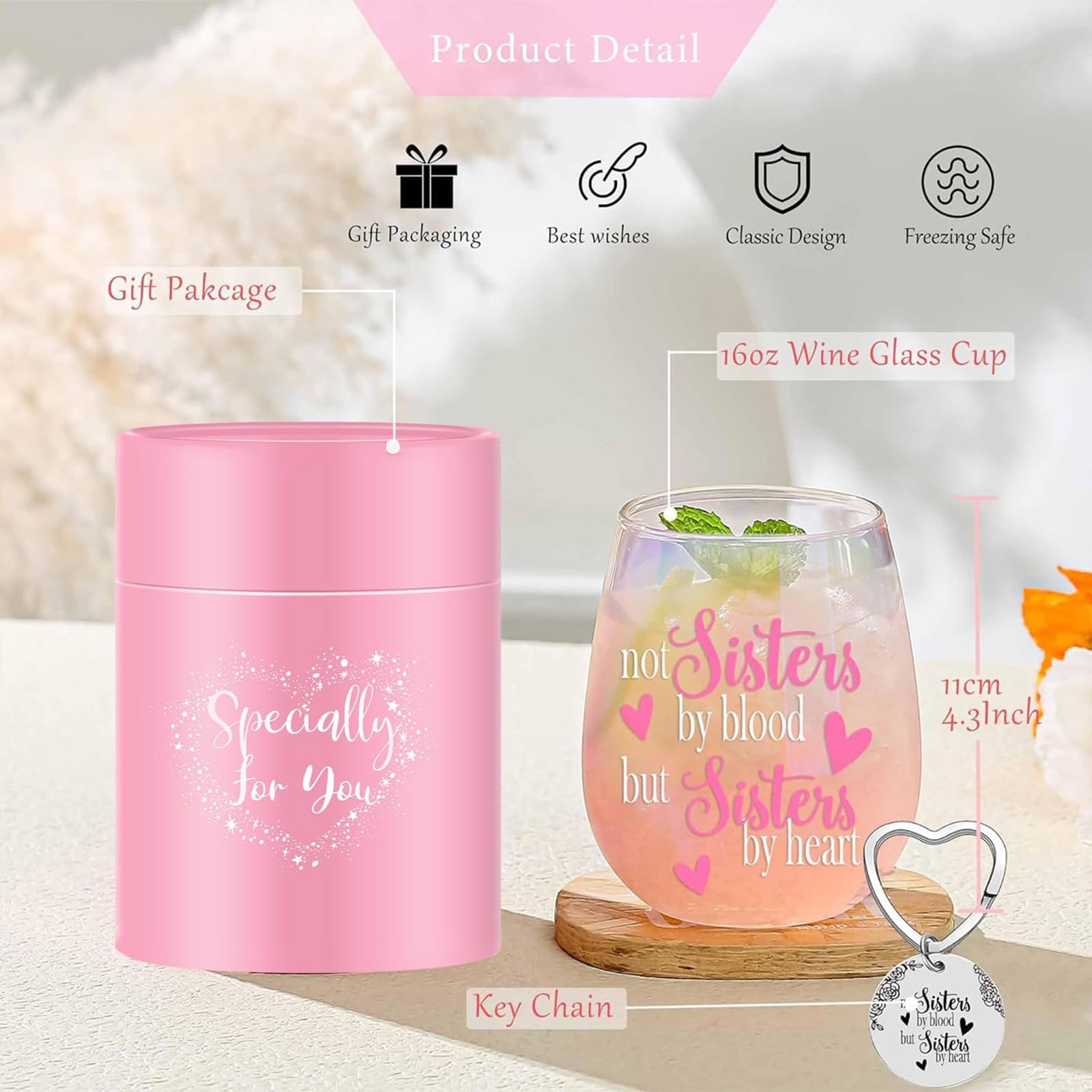 Yalucky Stemless Wine Glass 'Not Sisters by Blood but Sisters by Heart' Funny Sayings Gifts for Women Best Friend Female Bestie Wine Lover Friendship Gin Gift Birthday Decor Idea (Iridescent Sister) - Medaid International
