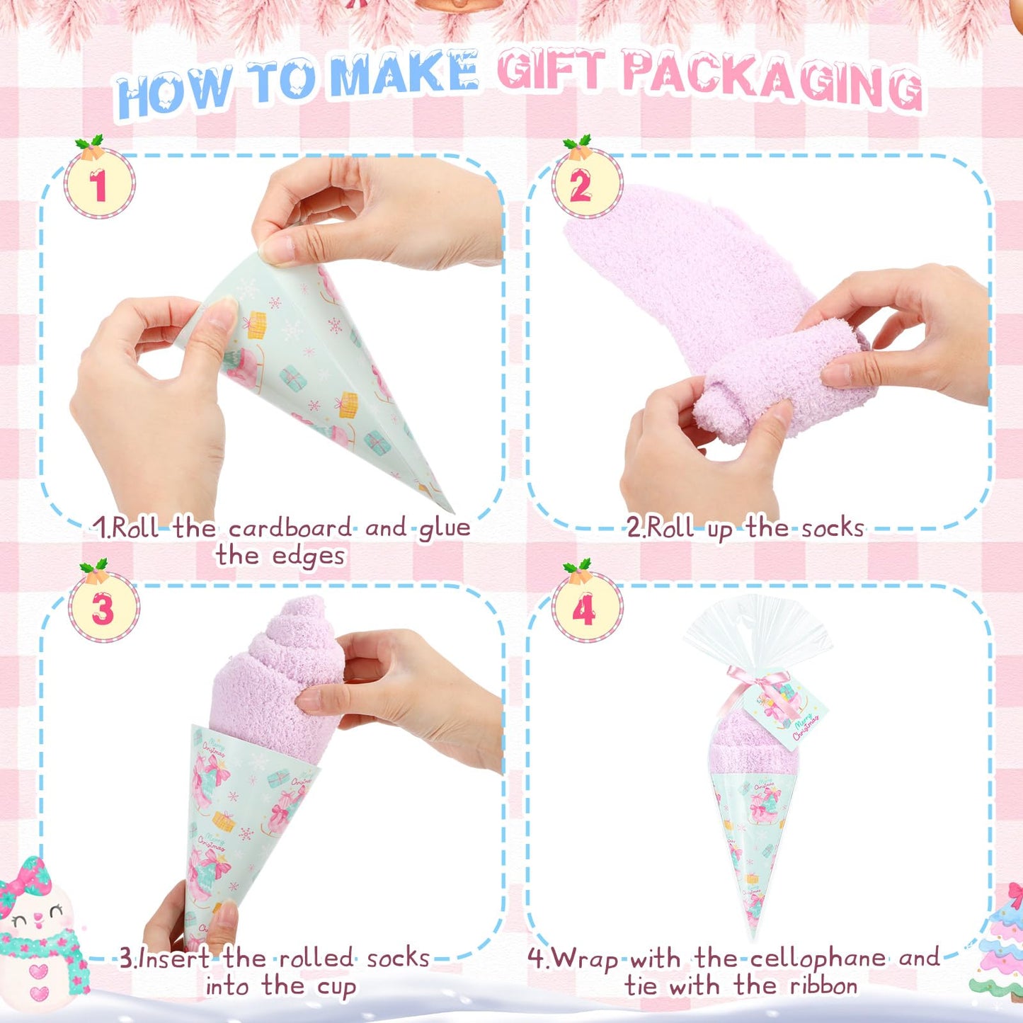 JenPen 12 Sets Funny Christmas Socks Gift for Women Novelty Cozy Ice Cream Warm Pink Christmas Fuzzy Socks with Card Ribbon Wrapping Bags Boho Xmas Holiday Stocking Stuffers Gift for Winter Holiday - Medaid International