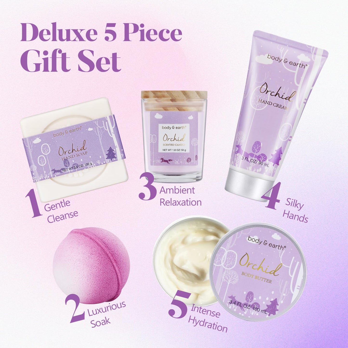 Spa Gifts for Women, Body & Earth 5 Pcs Gifts for Women Orchid Gift Sets, Bath and Body Womens Bath Gifts, Christmas Gift - Medaid International