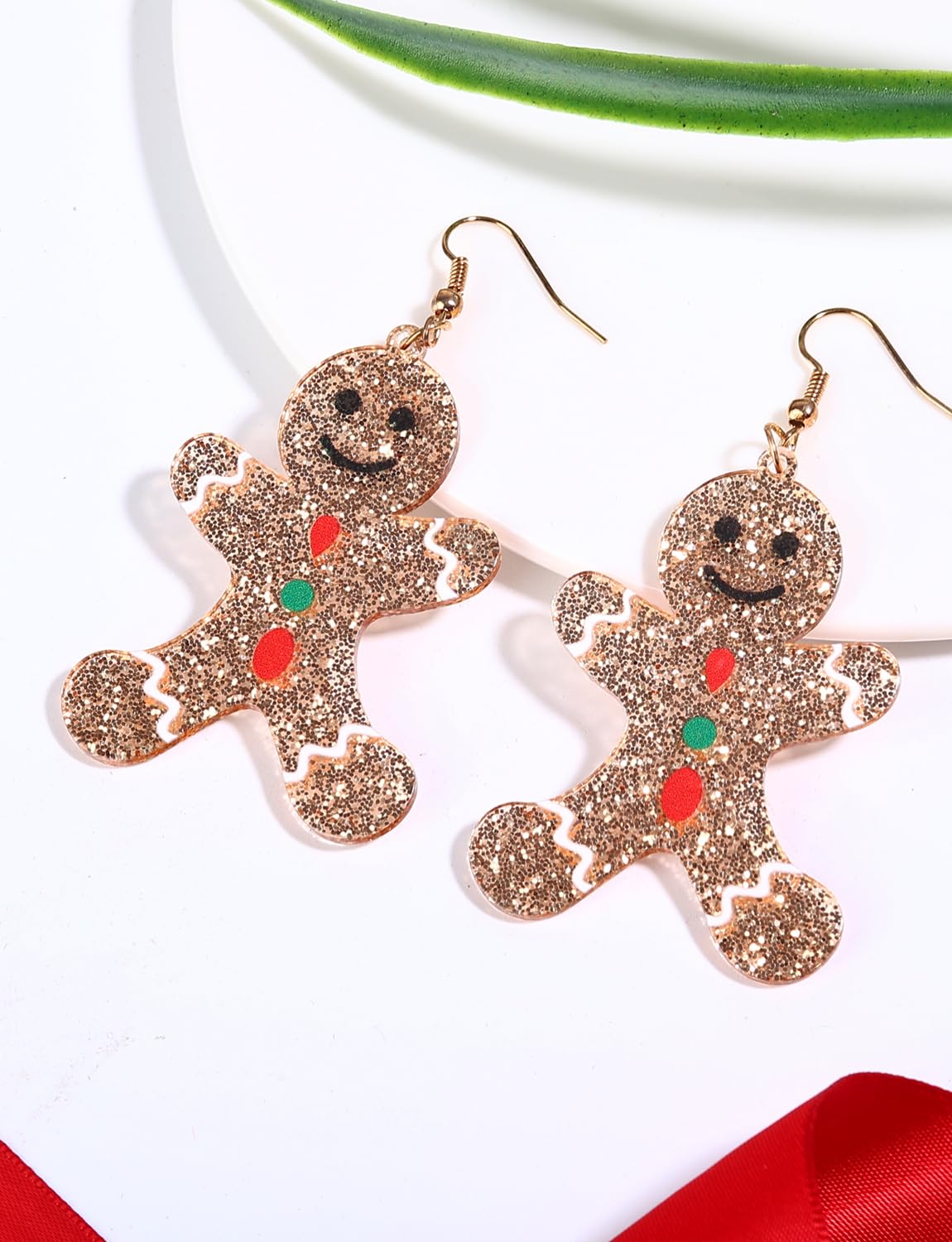Christmas Gingerbread Man Glitter Gold Acrylic Earrings Charm Dangle Drop Earrings Resin Fashion Statement Holiday Xmas Party Dress Outfits Decor for Women - Medaid International