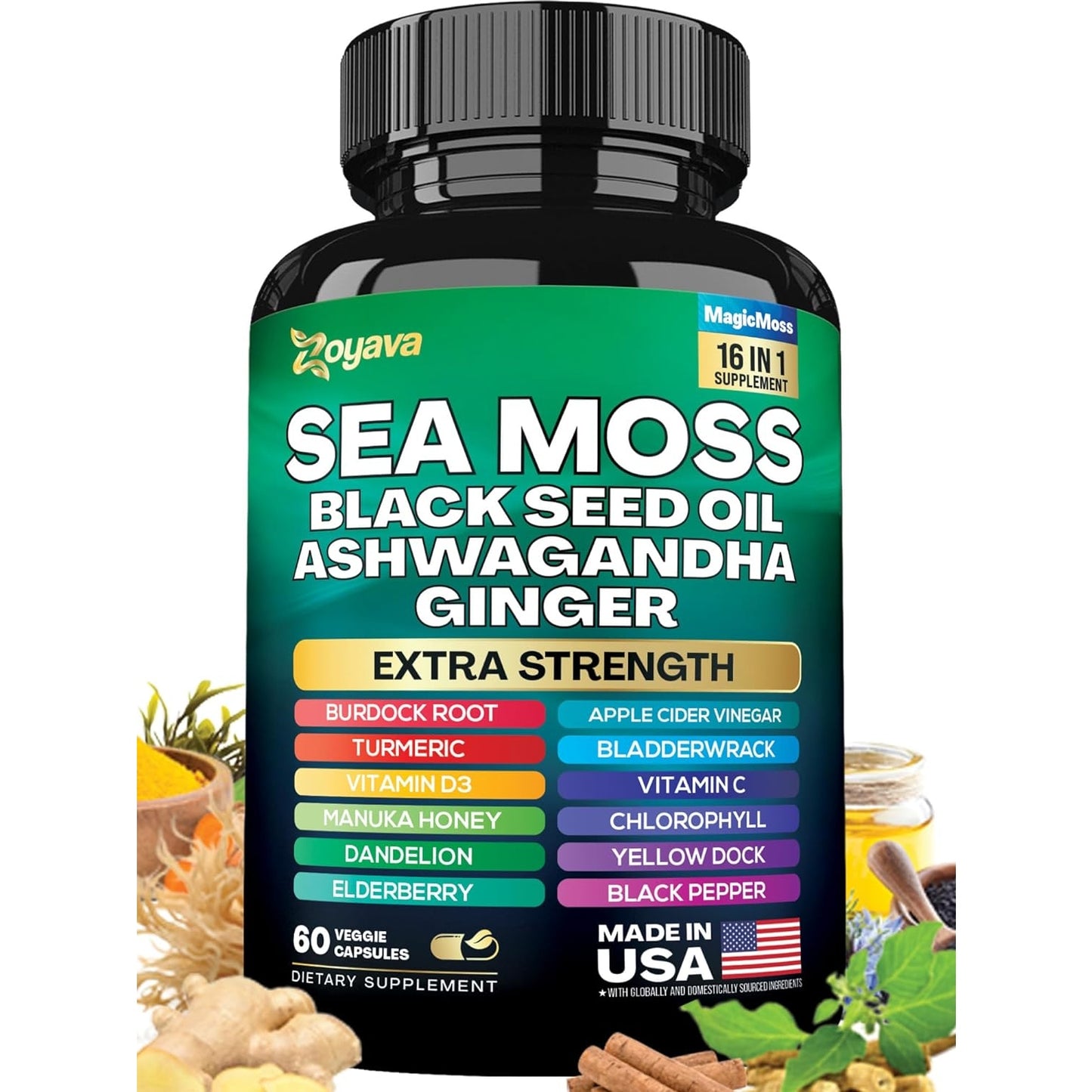 Sea Moss 7000mg Black Seed Oil 4000mg Ashwagandha 2000mg Turmeric 2000mg Bladderwrack 2000mg Burdock 2000mg & Ginger Vitamin C Vitamin D3 with Elderberry Manuka Dandelion Yellow Dock Chlorophyll ACV - Medaid