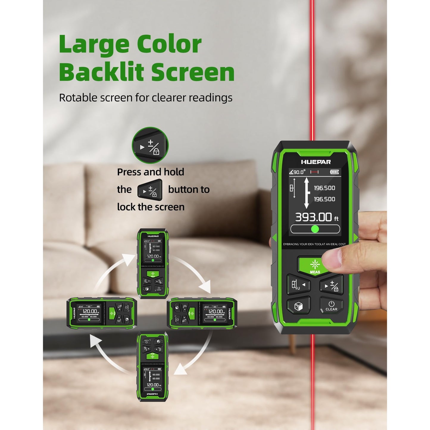 Huepar Professional Dual Laser Measuring Tool 393ft, Rechargeable Bilateral Laser Measurement Tool, Digital Laser Room Measure Devices, Metro Laser Measurement Tool with Angle Sensor, Magnetic Back - Medaid International