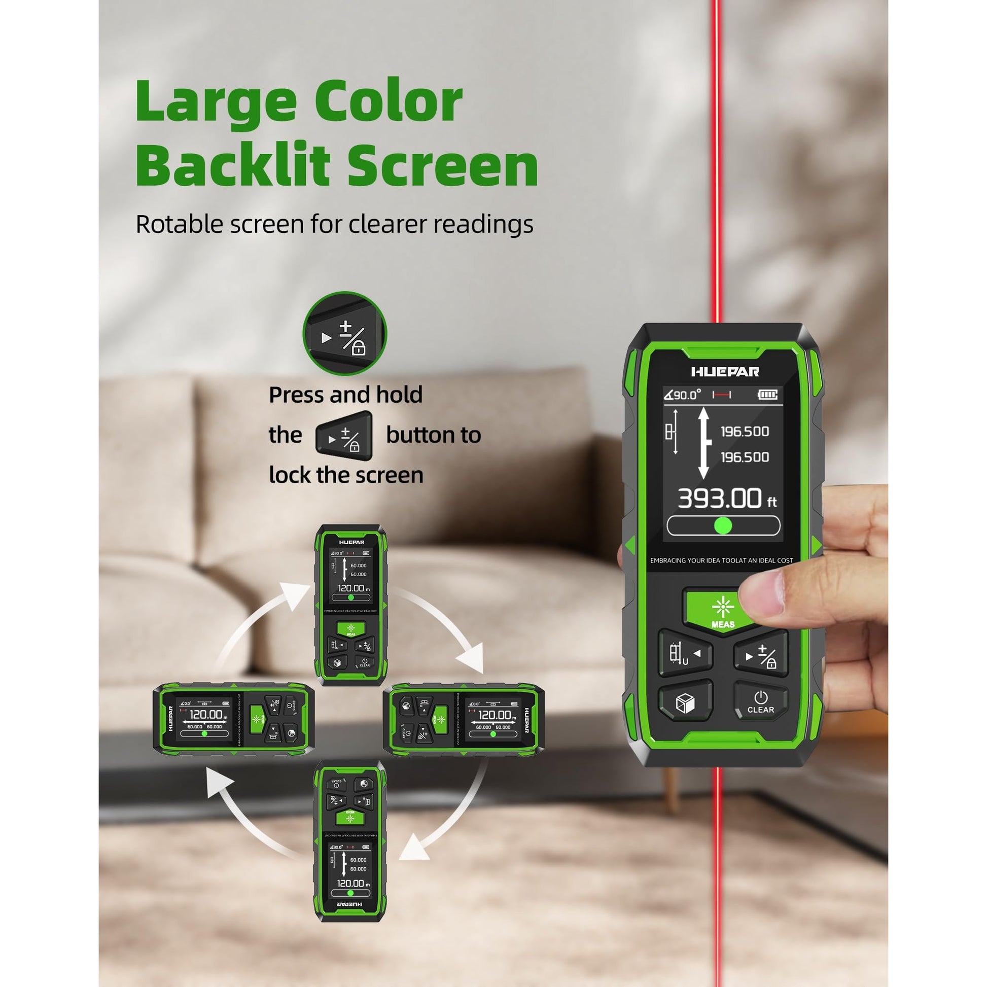 Huepar Professional Dual Laser Measuring Tool 393ft, Rechargeable Bilateral Laser Measurement Tool, Digital Laser Room Measure Devices, Metro Laser Measurement Tool with Angle Sensor, Magnetic Back - Medaid International