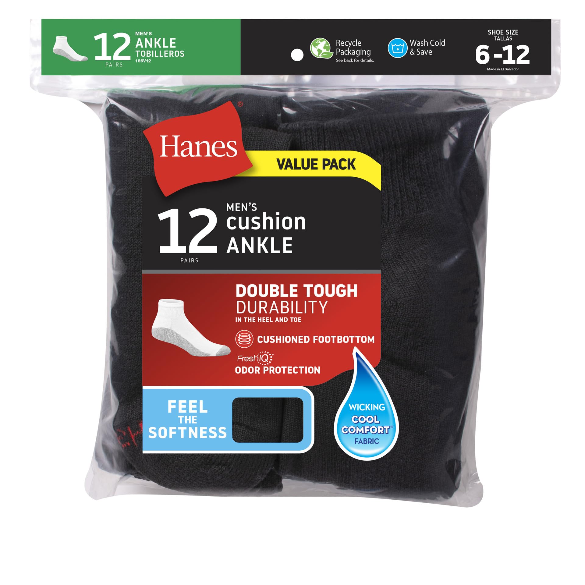 Hanes mens Double Tough Ankle Socks, 12-pair Pack Casual Sock, Black, 12 14 US - Medaid International