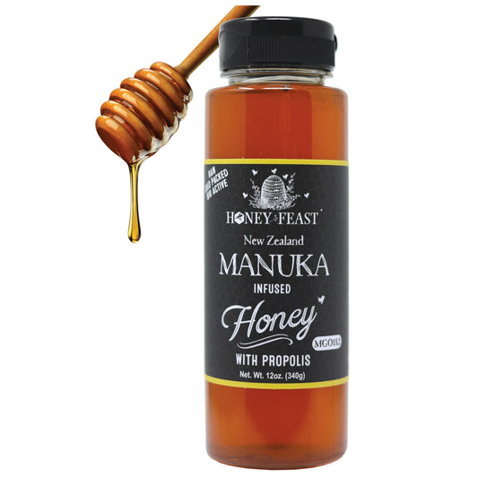 HONEY FEAST New Zealand Manuka Infused Honey with Propolis 12oz - Raw Manuka Honey, Patent Pending Formula, MGO182 Rating, Manuka Honey New Zealand - Medaid International