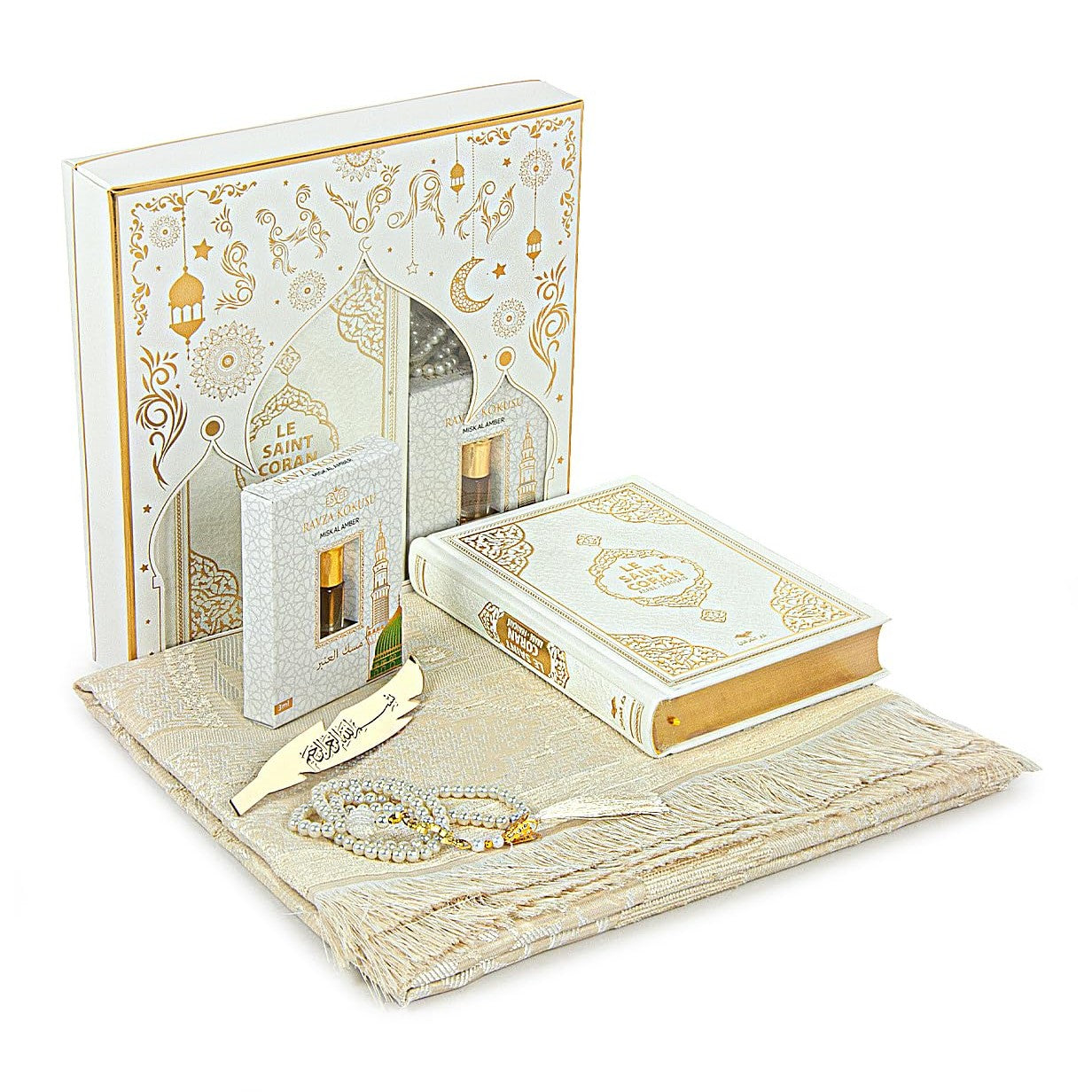 ihvan online Prayer Gift Set for Hajj and Umrah, Muslim Prayer Rug, Prayer Mat, Beads Taasbih, Holy Quran Translated French, Praying Mat, Islamic Gift Set for Ramadan & Eid, White - Medaid International