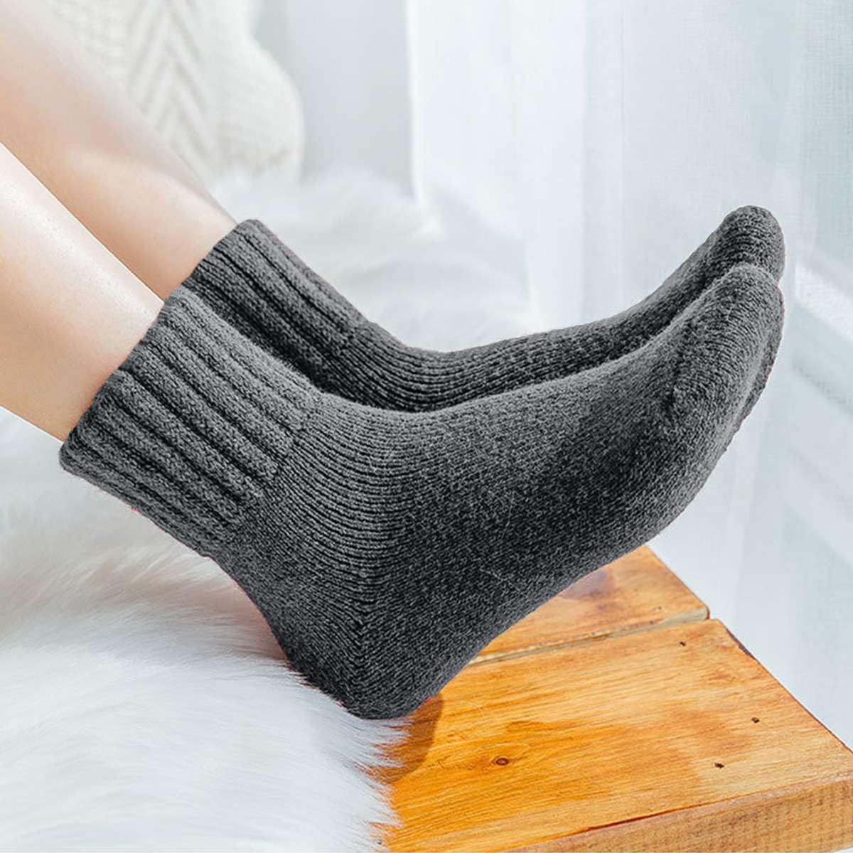 Mitid Wool Socks Boot Socks for Women Solid Thick Warm Winter Socks Thermal Cozy Crew Fuzzy Slipper Socks Christmas Gift - Medaid International
