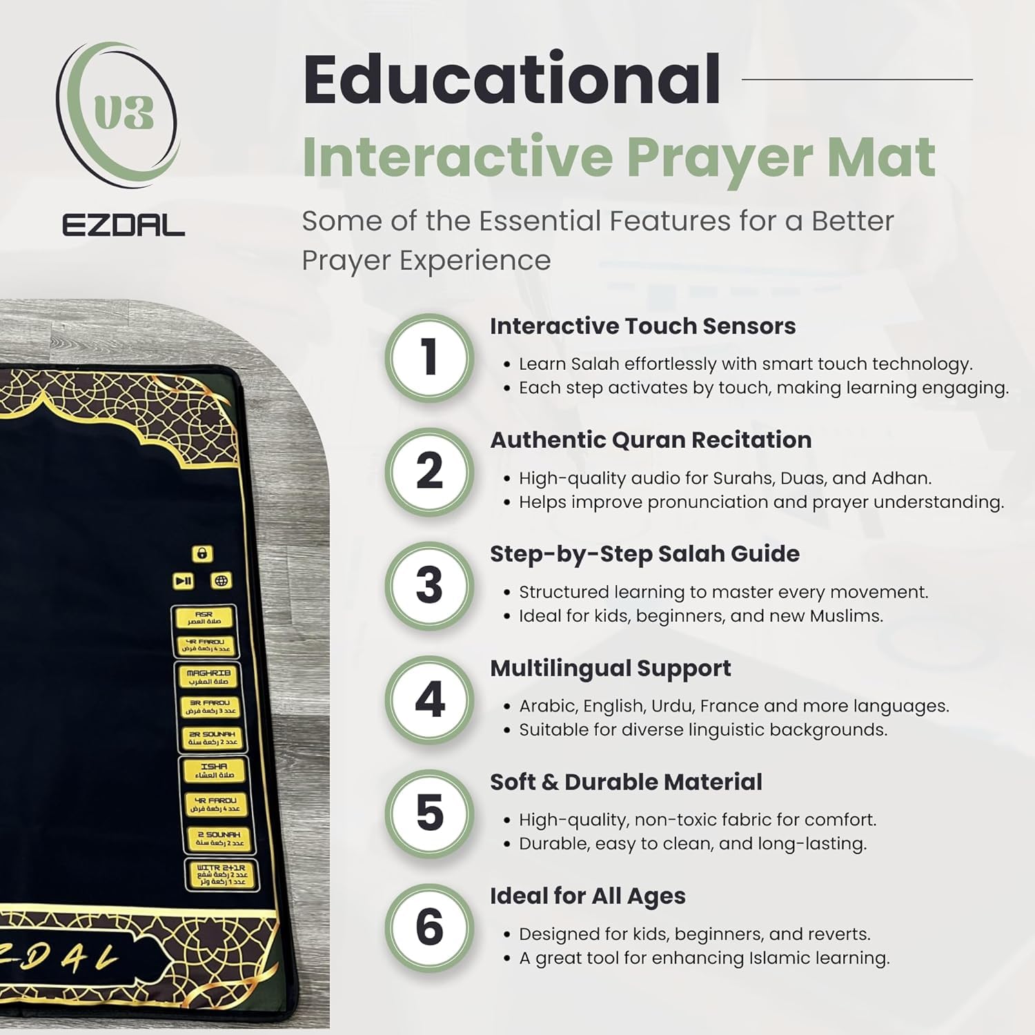 EZDAL Smart Interactive Prayer Mat V3 – Touch Sensor Quran Recitations Multilingual Portable Foldable Salah Mat - Islamic Audio Prayer Rug for Kids Women Men & Adults - Medaid International