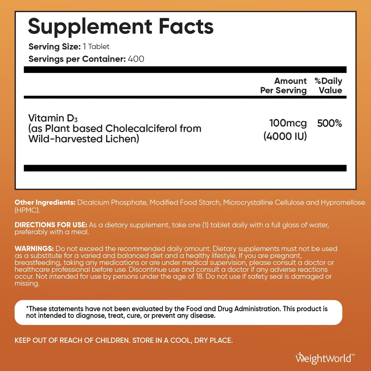 WeightWorld Vitamin D3 4000 IU – 400 High Strength Vitamin D Tablets (1+ Year Supply) - Medaid International