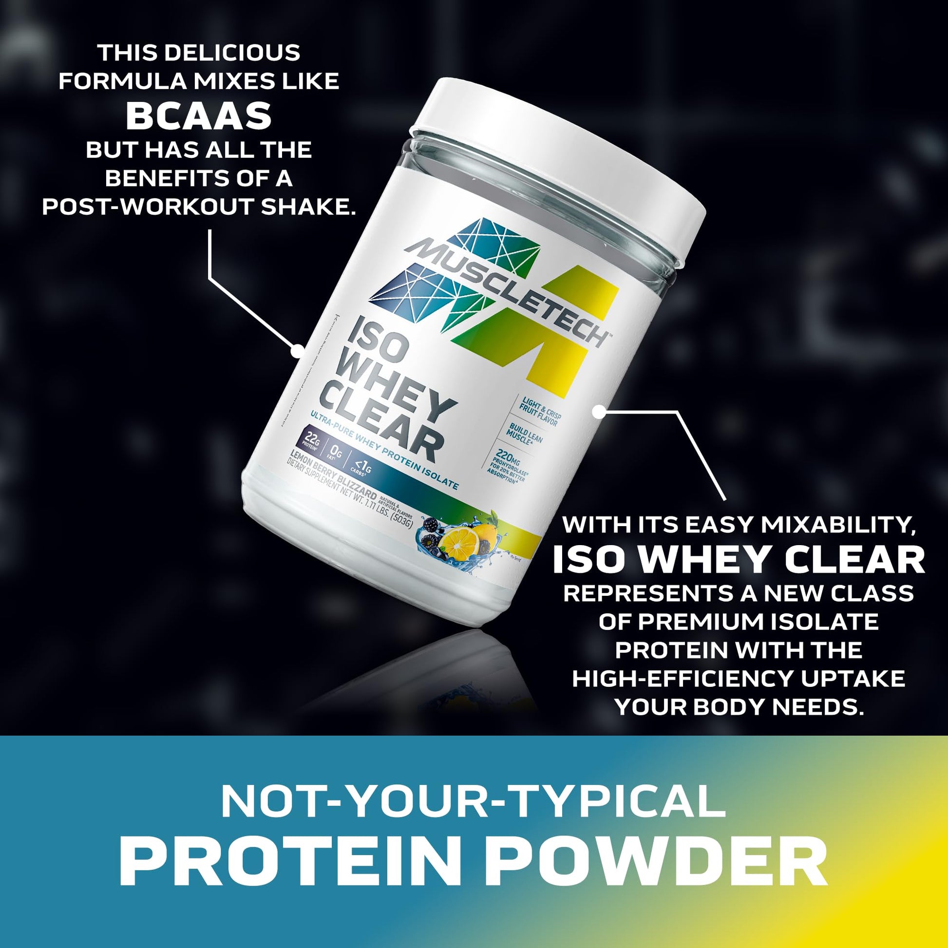 MuscleTech Whey Protein Powder Clear Whey Protein Isolate Whey Isolate Protein Powder for Women & Men Clear Protein Drink 22g of Protein, 90 Calories Lemon Berry Blizzard, 1.1lb(19 Servings) - Medaid International