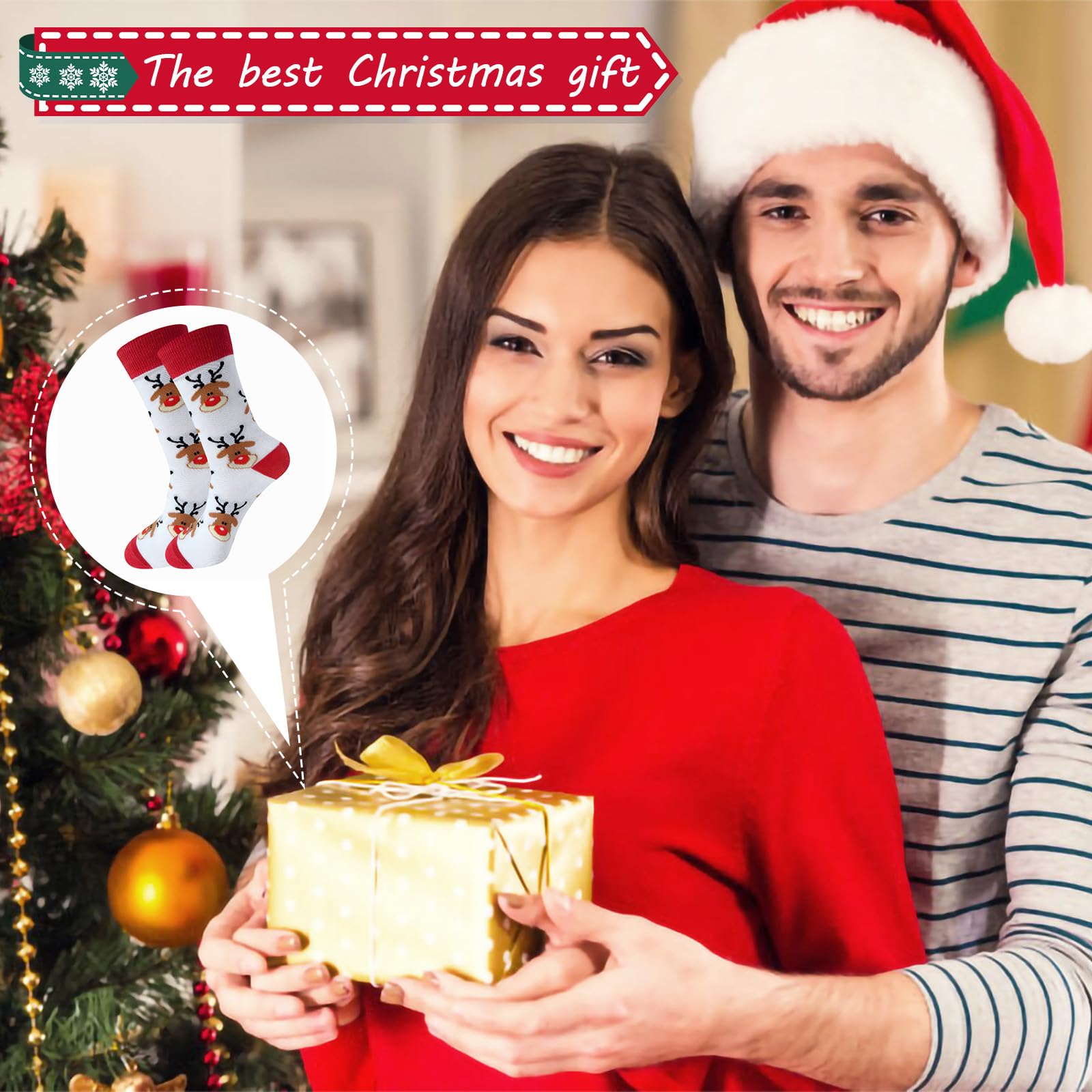 One Pair Christmas Socks Unisex Holiday Knit Style Warm Cozy Sock Accessory Daily Wear Festive Outfits(White Reindeer) - Medaid International