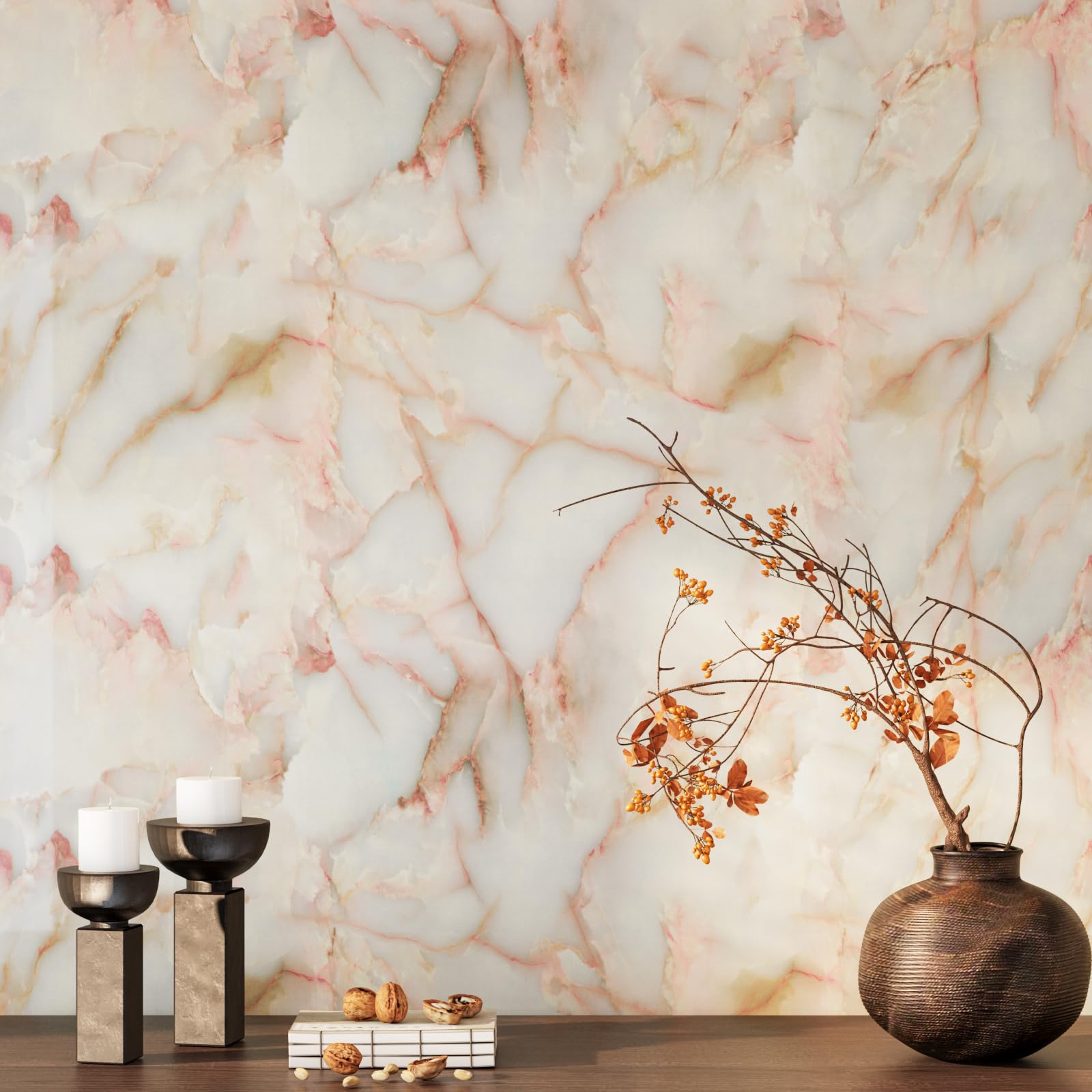 VEELIKE 15.74''x118.11'' Gold Pink Marble Contact Paper Wallpaper Stick and Peel Self Adhesive Removable Waterproof Wall Covering for Table Countertop Cabinet Drawer - Medaid International