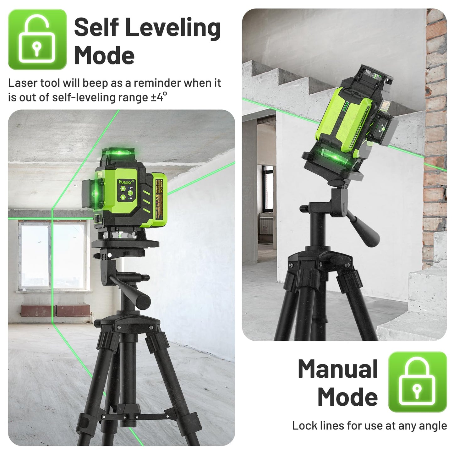 Huepar Laser Level, Self-leveling 16 Lines Green Beam 4D Cross Line Tiling Floor Laser Tool-2 x 360 Horizontal & 2 x 360 Vertical Laser Lines with Two Li-ion Batteries and Hard Carry Case-LS04CG - Medaid International