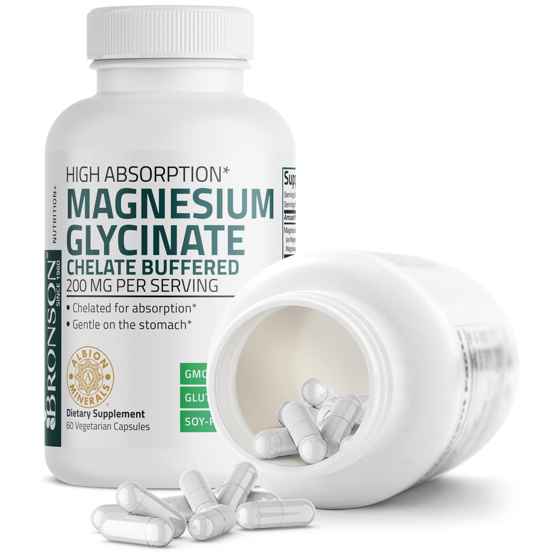 Bronson Magnesium Glycinate 200 MG per Serving Chelated for High Absorption, Gentle On Stomach, Non-GMO, 60 Vegetarian Capsules - Medaid International