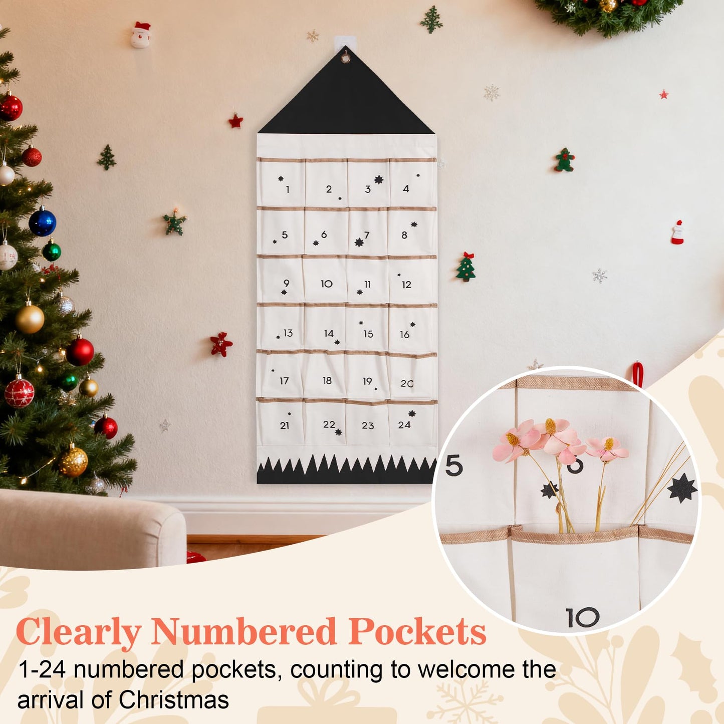SAVORLIVING Christmas Advent Calendar with 24 Pockets, Reusable Countdown Calendar Storage Bag, Fabric Calendar Wall Hanging Bag for Xmas Holiday Home Wall Decoration (Black) - Medaid International