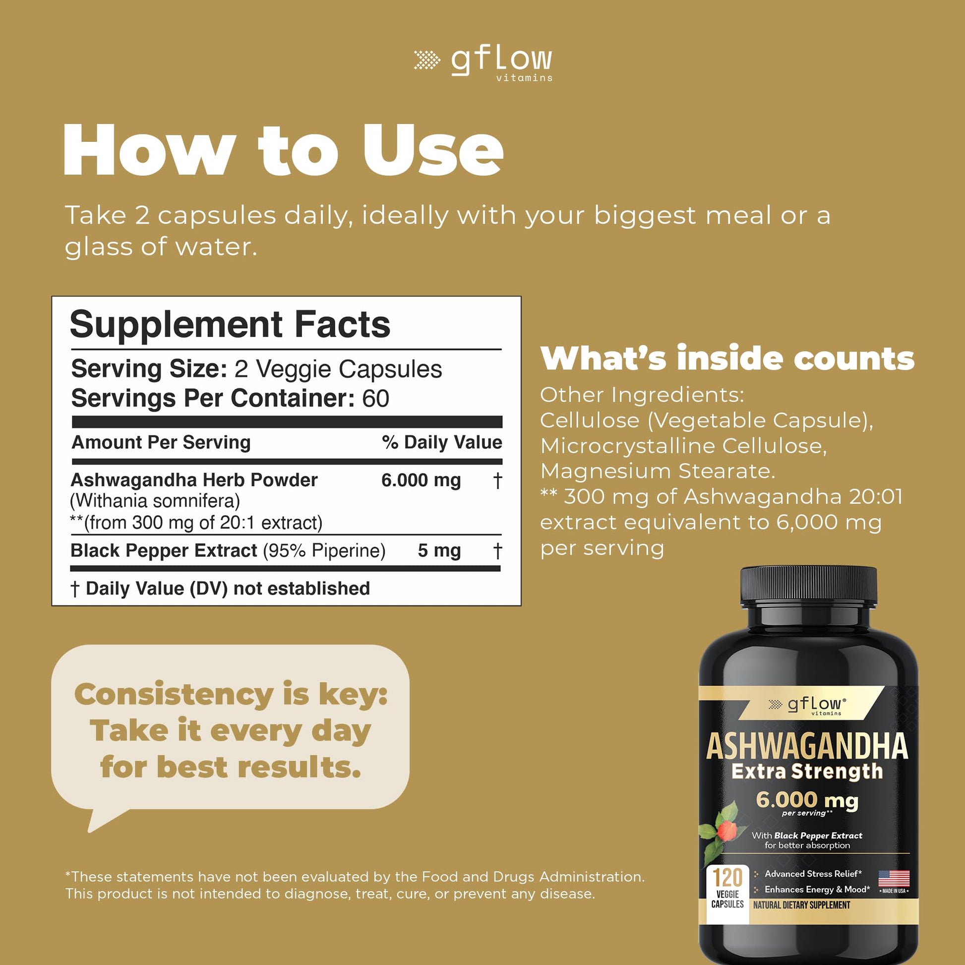 gflow vitamins Ashwagandha Supplements for Women and Men 6000mg | Sleep, Mood and Energy Support | Extra Strength, Vegan Friendly, Non-GMO, Made in USA - Medaid International