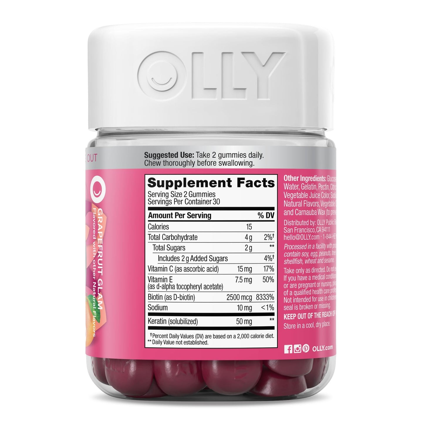 OLLY Undeniable Beauty Gummy, For Hair, Skin, Nails, Biotin, Vitamin C, Keratin, Chewable Supplement, Grapefruit, 30 Day Supply - 60 Count - Medaid International