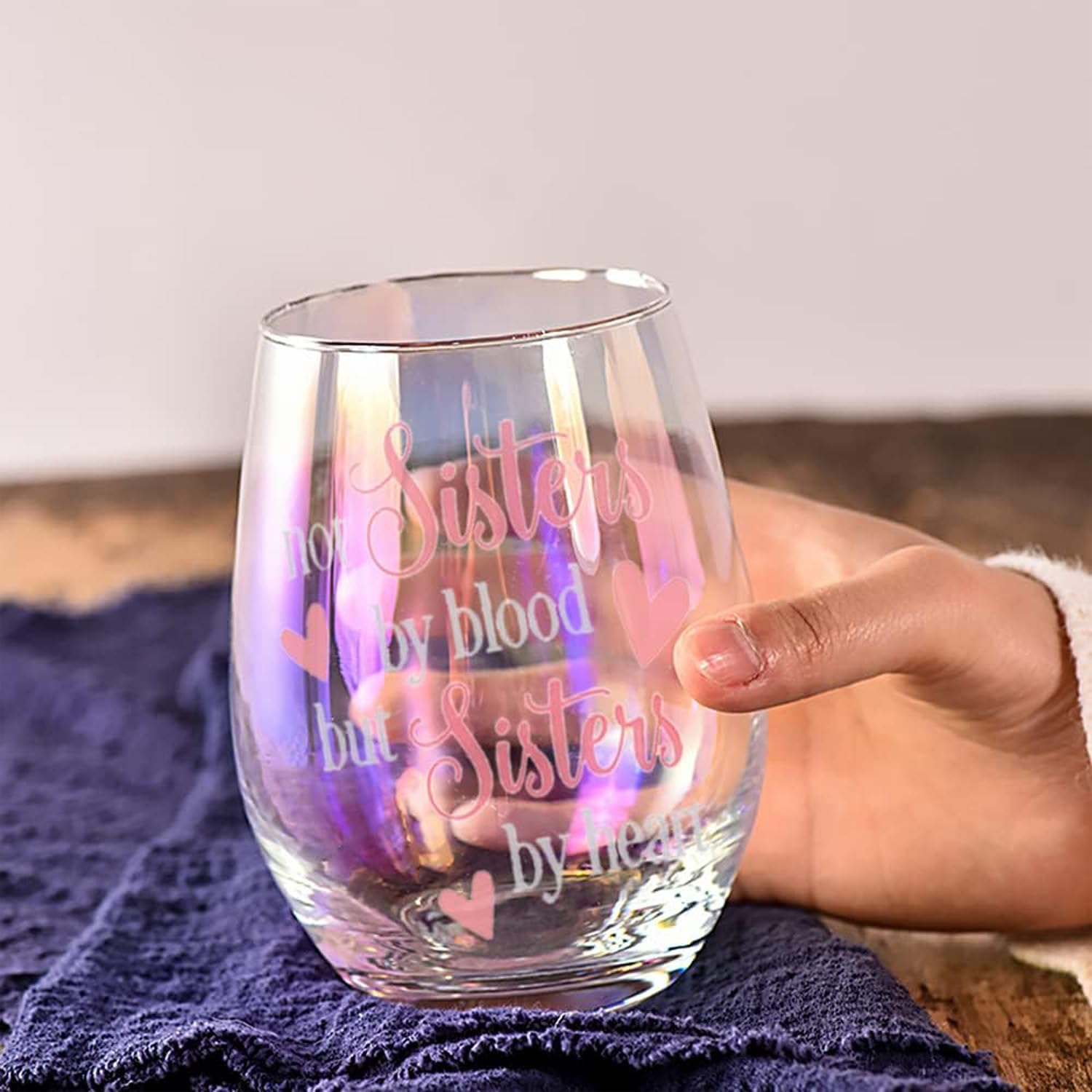 Yalucky Stemless Wine Glass 'Not Sisters by Blood but Sisters by Heart' Funny Sayings Gifts for Women Best Friend Female Bestie Wine Lover Friendship Gin Gift Birthday Decor Idea (Iridescent Sister) - Medaid International