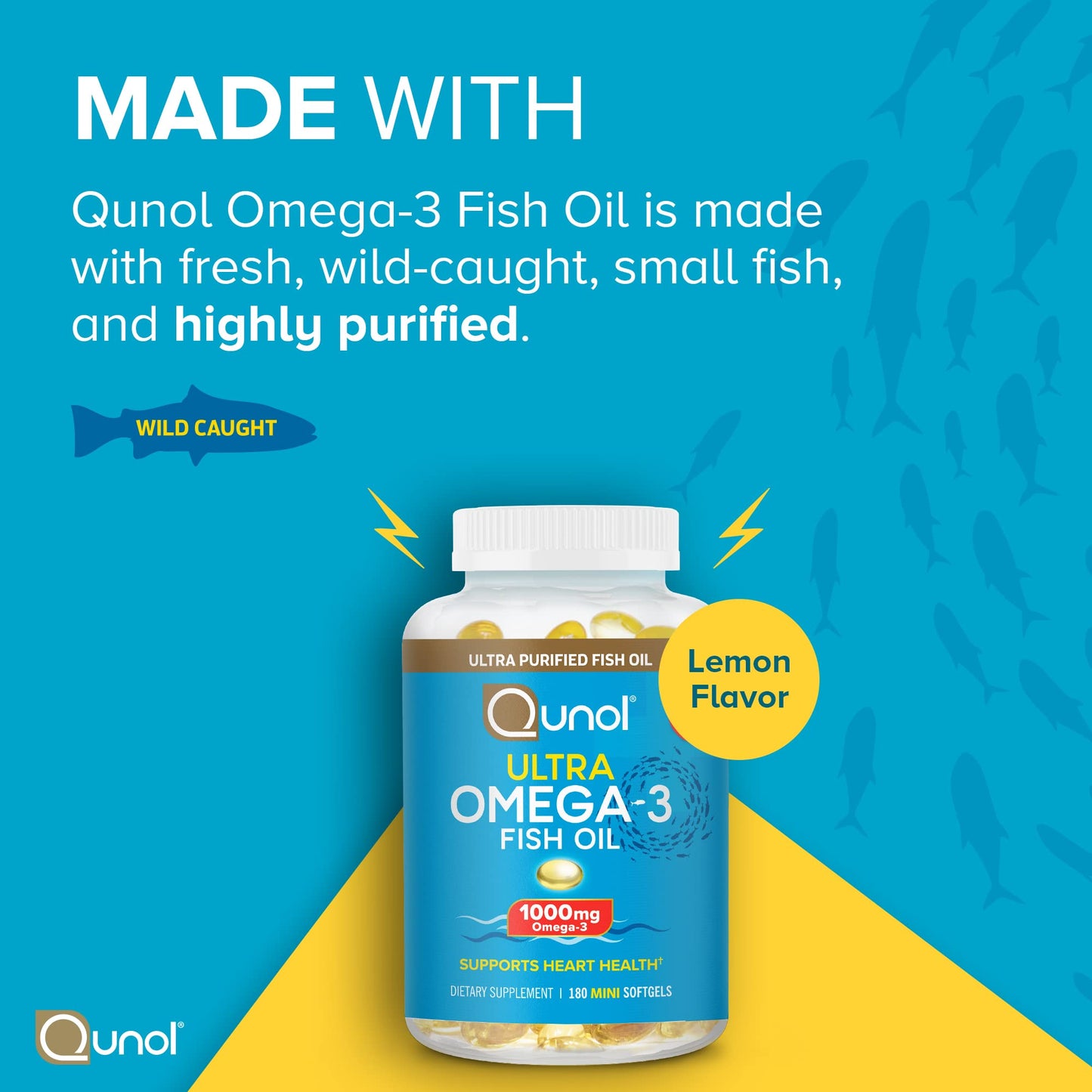 Qunol Fish Oil Omega 3 Mini Softgels, 1000mg Omega 3 EPA + DHA, Ultra Pure Supplements, Heart Health Support, Lemon Flavor, Easy to Swallow Minis, 3 Month Supply, 180 Count - Medaid International
