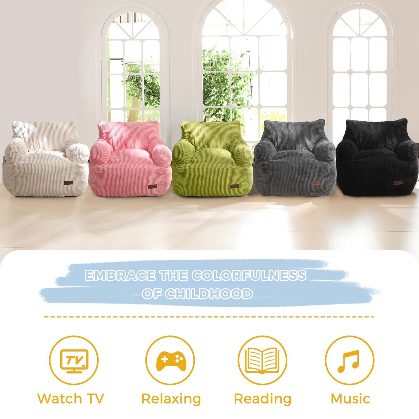 MAXYOYO Kids Bean Bag Chair, Stuffed Toddler Bean Bag Sofa with Filler Bean Bag Chair for Boys and Girls, Lazy Sofa with Pocket Floor Chair for Gaming, Reading, Dark Grey - Medaid International