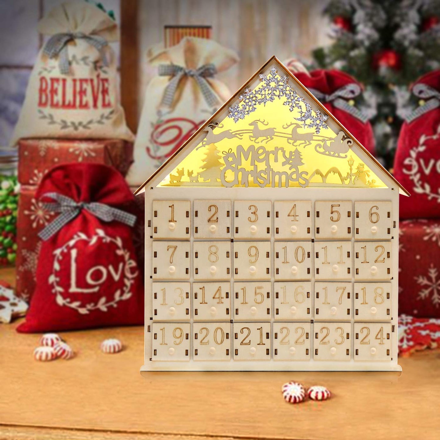 CCINEE Christmas Wooden Advent Calendar with LED Light 24 Storage Drawers Christmas Countdown Calendar for Holiday Decoration - Medaid International