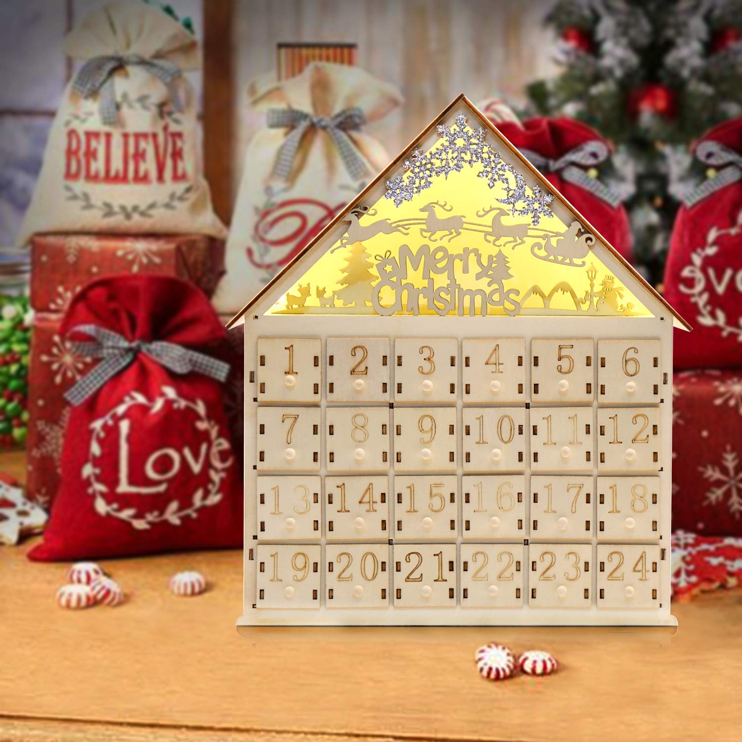CCINEE Christmas Wooden Advent Calendar with LED Light 24 Storage Drawers Christmas Countdown Calendar for Holiday Decoration - Medaid International